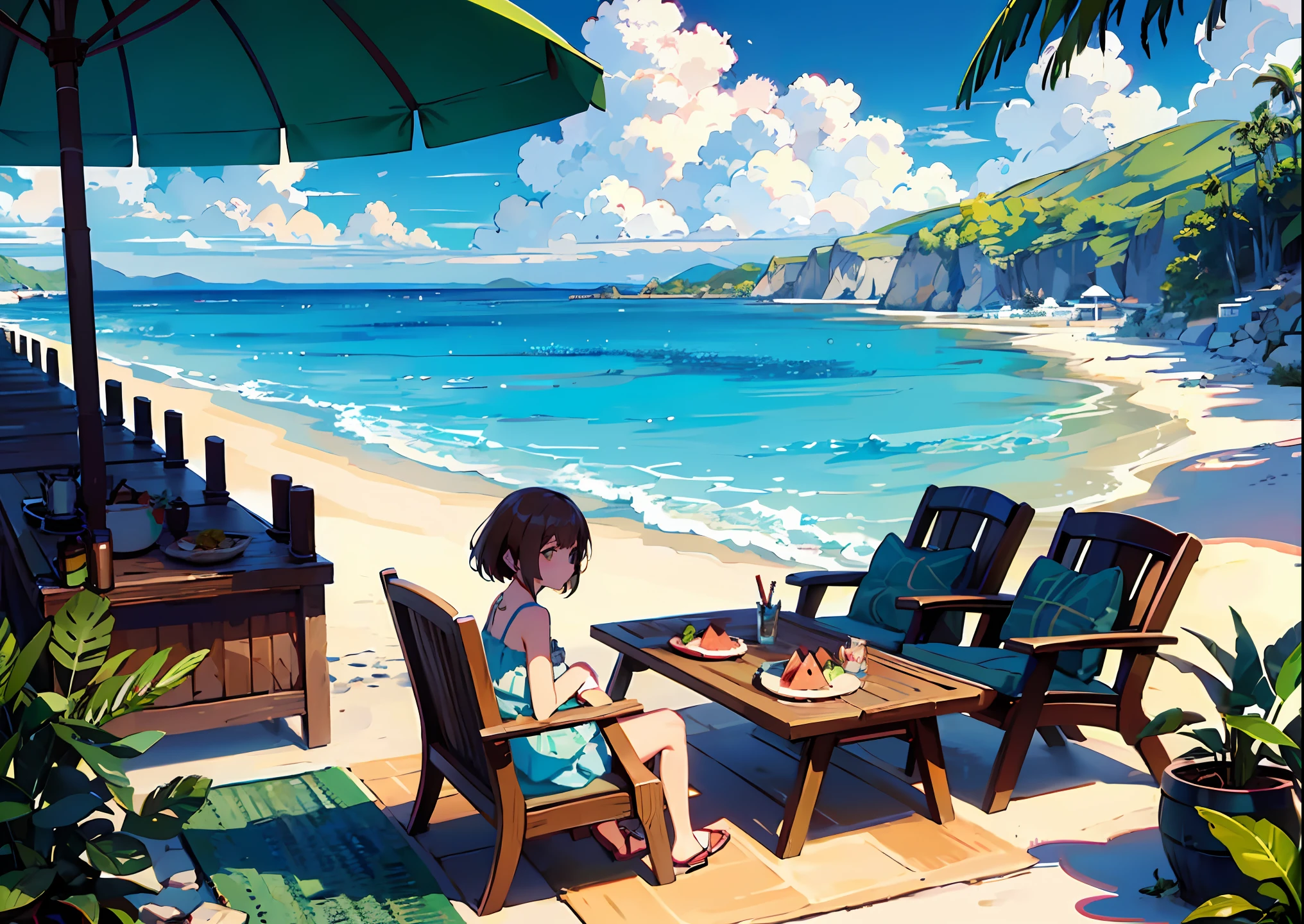 (High picture quality:1.2,Large resolution:1.2,sandbeach:1.5, swim ring: 1.2, beach umbrella:1.2,water melon:1.3,coconut:1.3,Coconut Tree:1.2,Detailed depiction:1.1),Fresh summer feeling,Complete beach details,Halo 8K,Hot summer,There are umbrellas on the beach by the sea,Watermelon and swimming rings,Coconut trees with coconuts