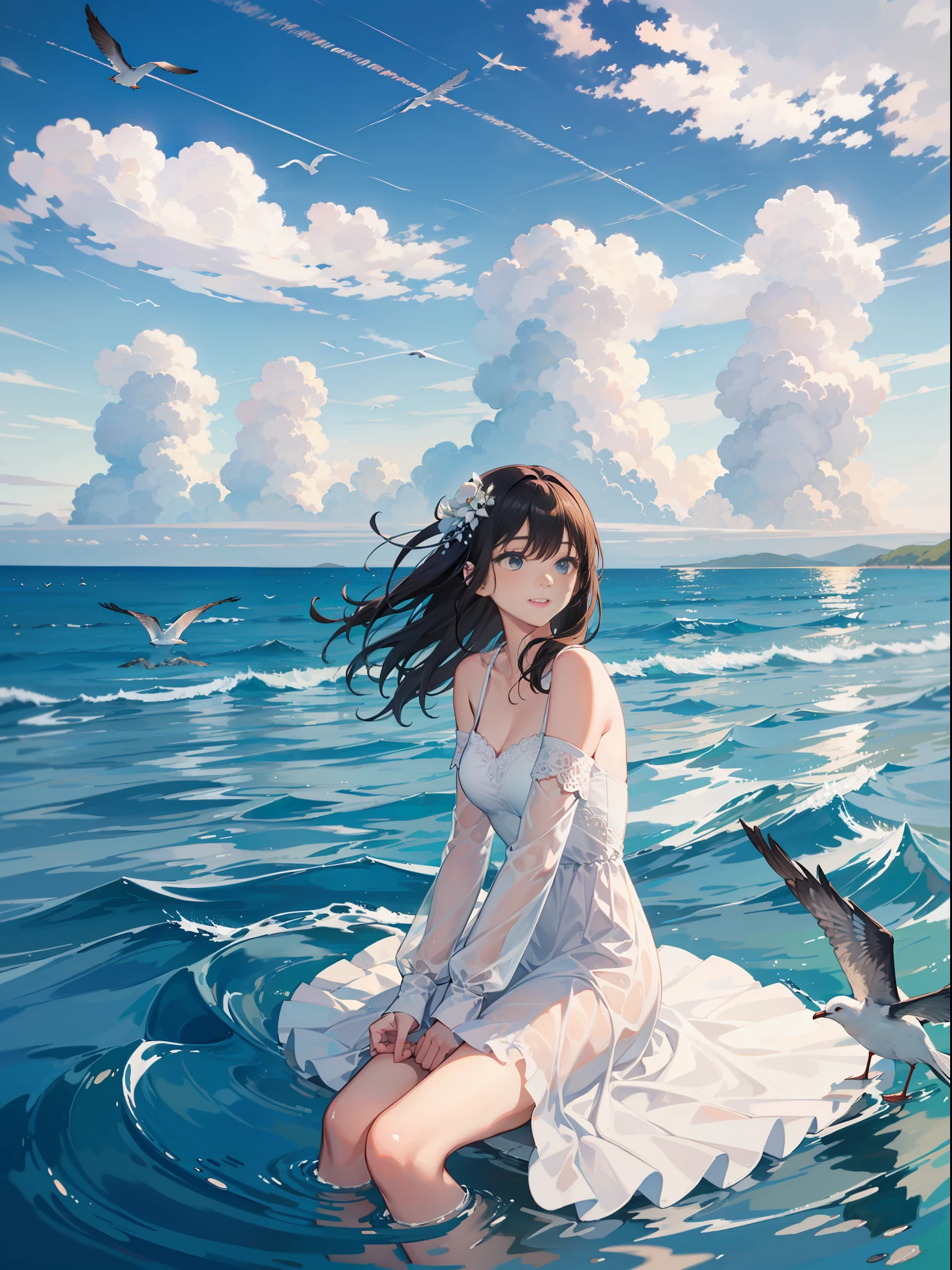 white dresses,depth of fields,Tilt forward,Floating hair,cabelos preto e longos,ssmile,exteriors,blue-sky,clouds,the ocean,seagulls,white stockings,lying in water