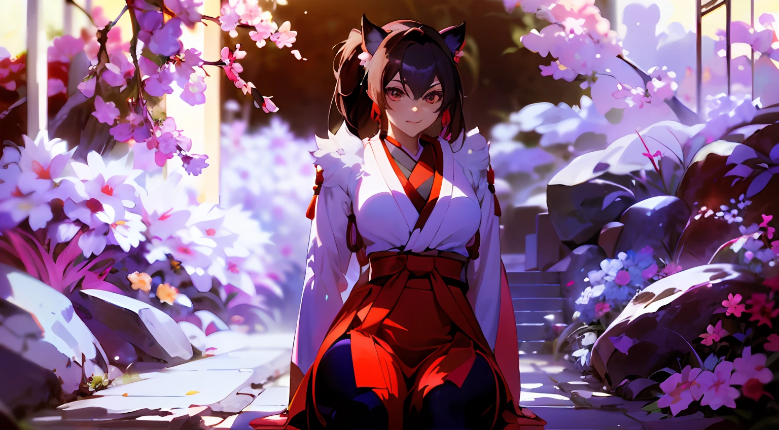 Anime girl sitting on a stone walkway in the garden,There are flowers, style of anime4 K, onmyoji, drawn in anime painter studio, mai shiranui, beautiful anime catgirl, drak, anime styled digital art