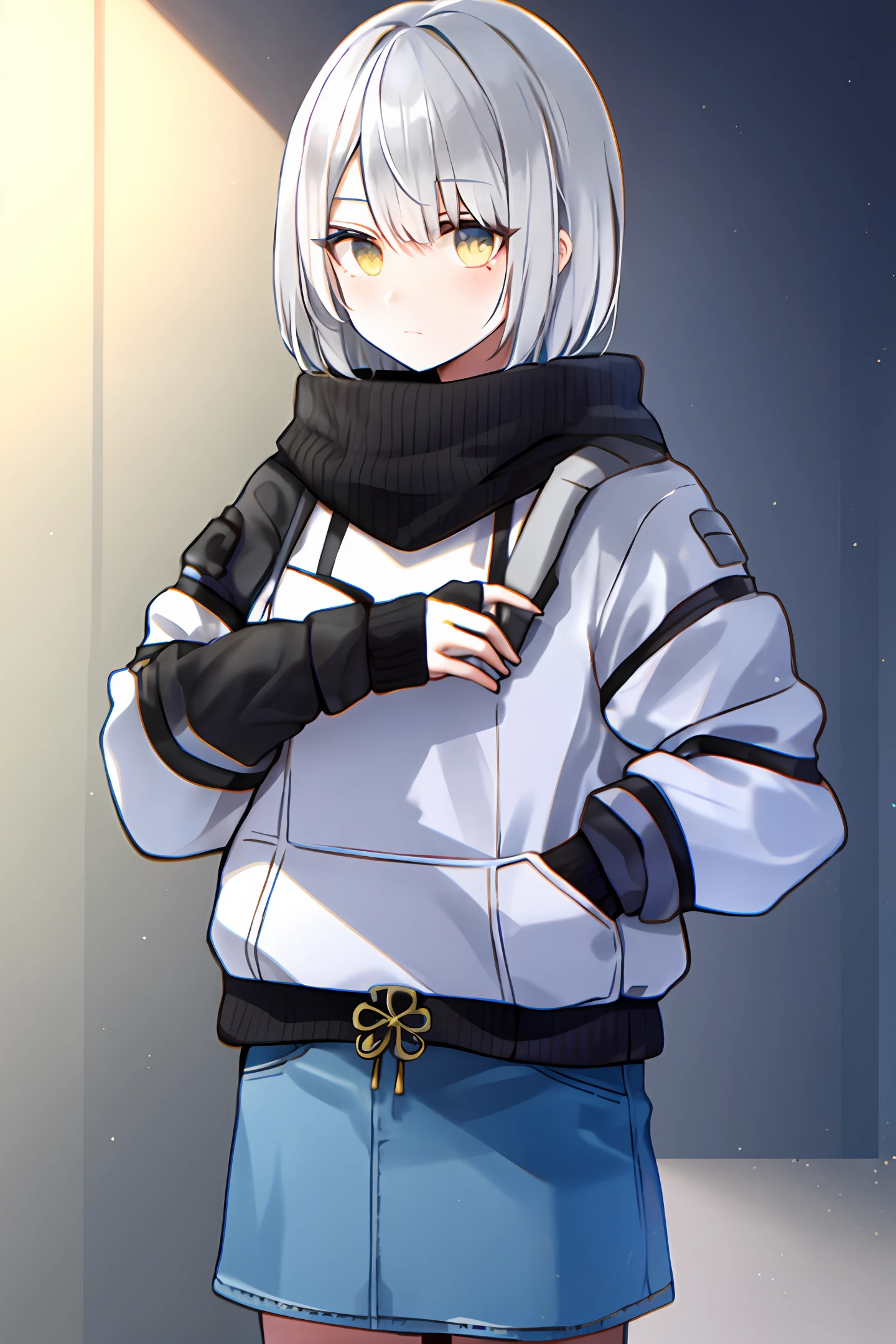 The white-haired two-dimensional girl has blue left eye,yellow right eye,CasualClothing,