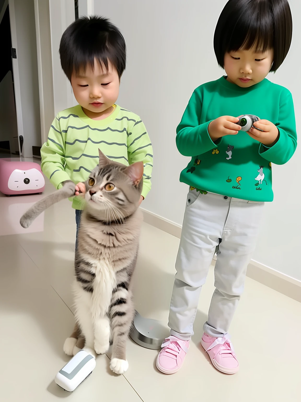 There are two children standing next to a cat on the floor, there is a cat next to her, two headed cat, A cat, human cat hybrid, real-life tom and jerry, 2 years old, author:Yi Zaiwan, 5 years old, with a child, Fully robotic!! cat, Holding a cat, pets, Heartwarming