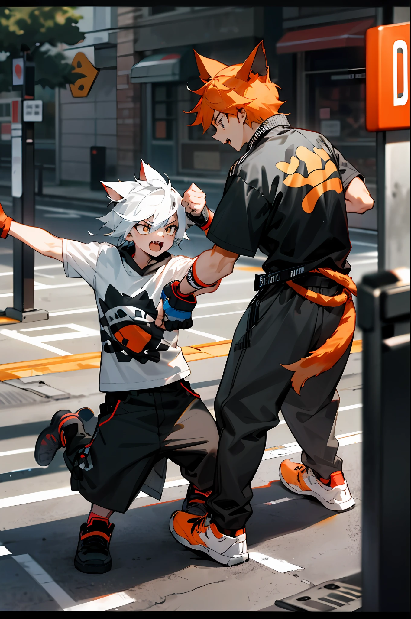 Two male cats,Hold the fight,Very ferocious,personification,Orange cat,black and white cat,street corner,Punk style,