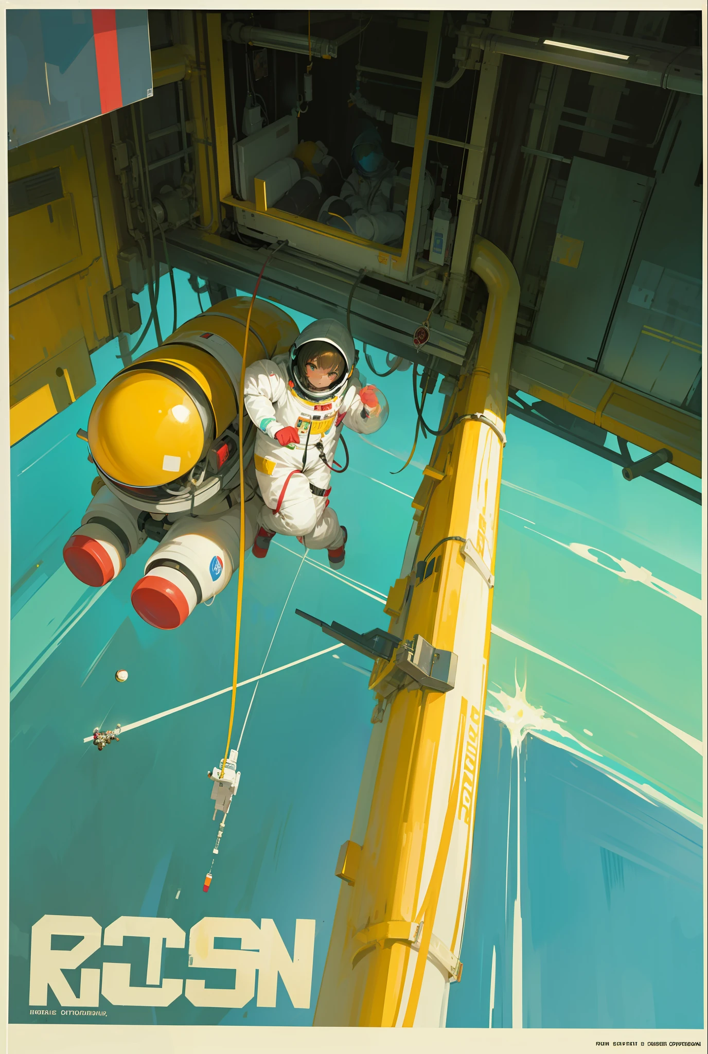 USSR Poster，USSR Poster，space，A space station，kosmos，a beauty girl，brunette color hair，yellow-eyed，spacewalk，spacewalk，Spacesuit，Spacesuit
