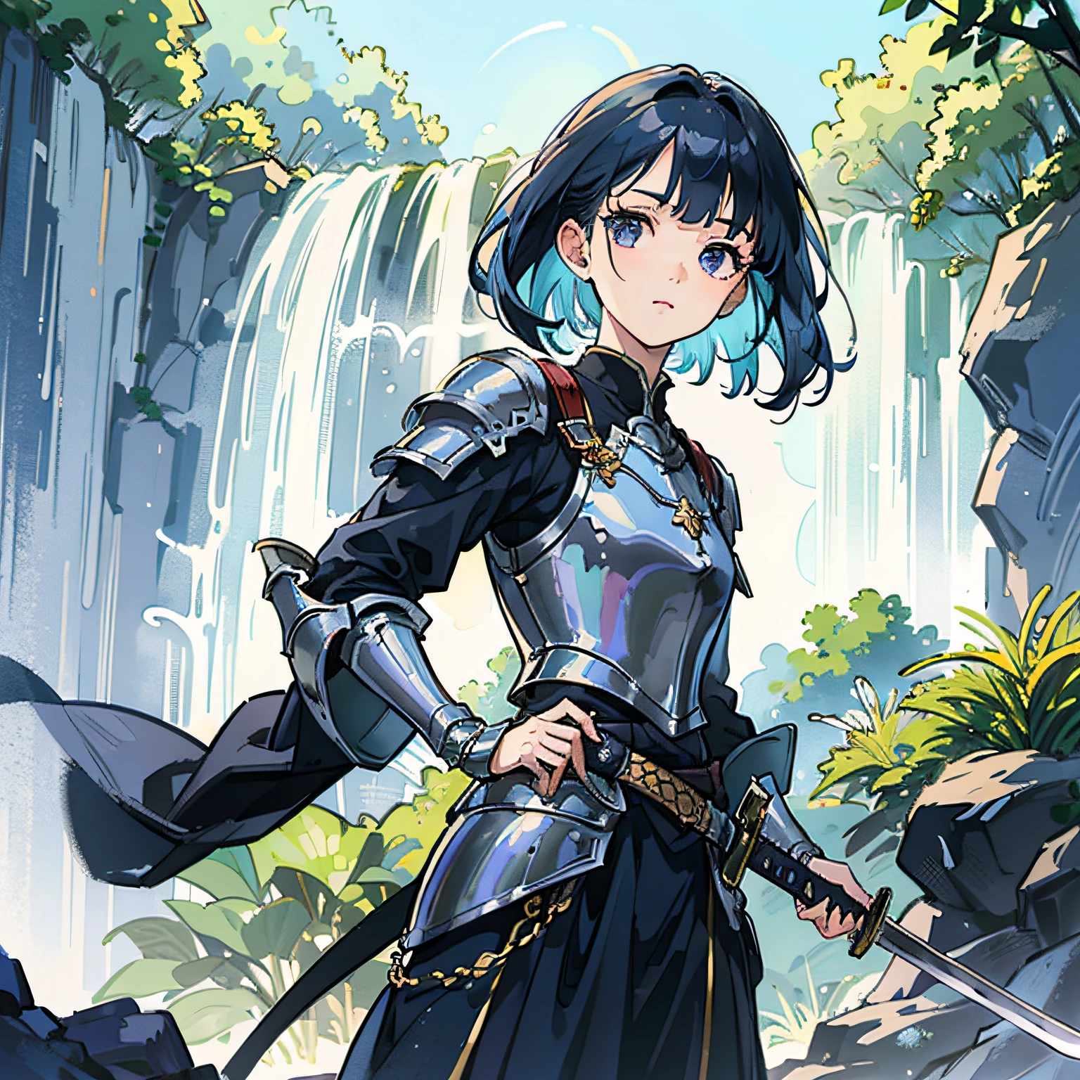 1 girl, blue hair, hair bangs, holding a sword, view from bottom, waterfall background, sunny day, sunlight from the right, looking to the right, small dog wearing armor --auto