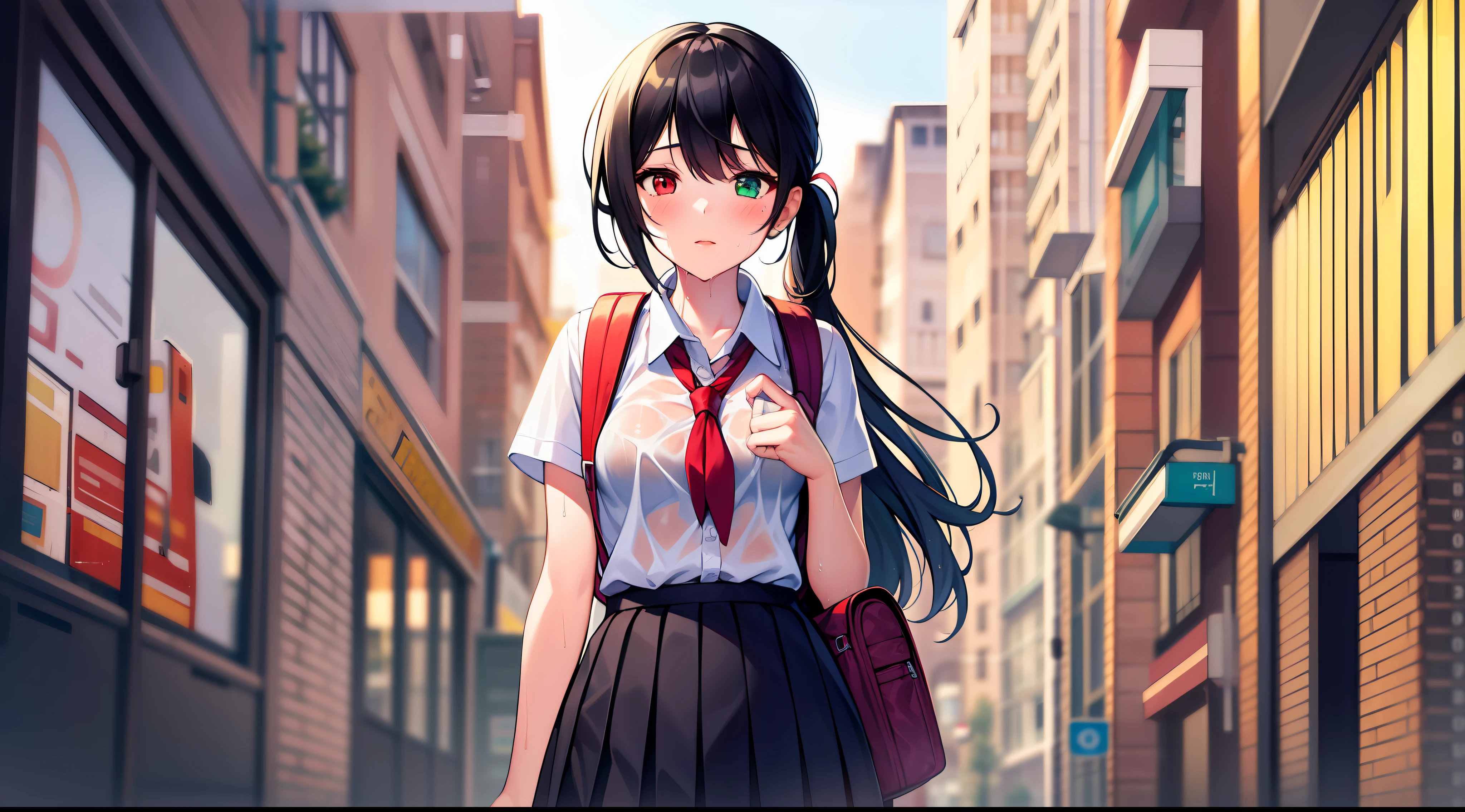 1 girl, backpack, bag, black hair, black skirt, blush, building, bank, convenience store, heterochromia,in hands, long hair, on the street, pleated skirt, red eyes, red neck clothes, school bag, school uniform, shirt, shop, skirt, solo, two ponytails, wet, white shirt, yellow eyes