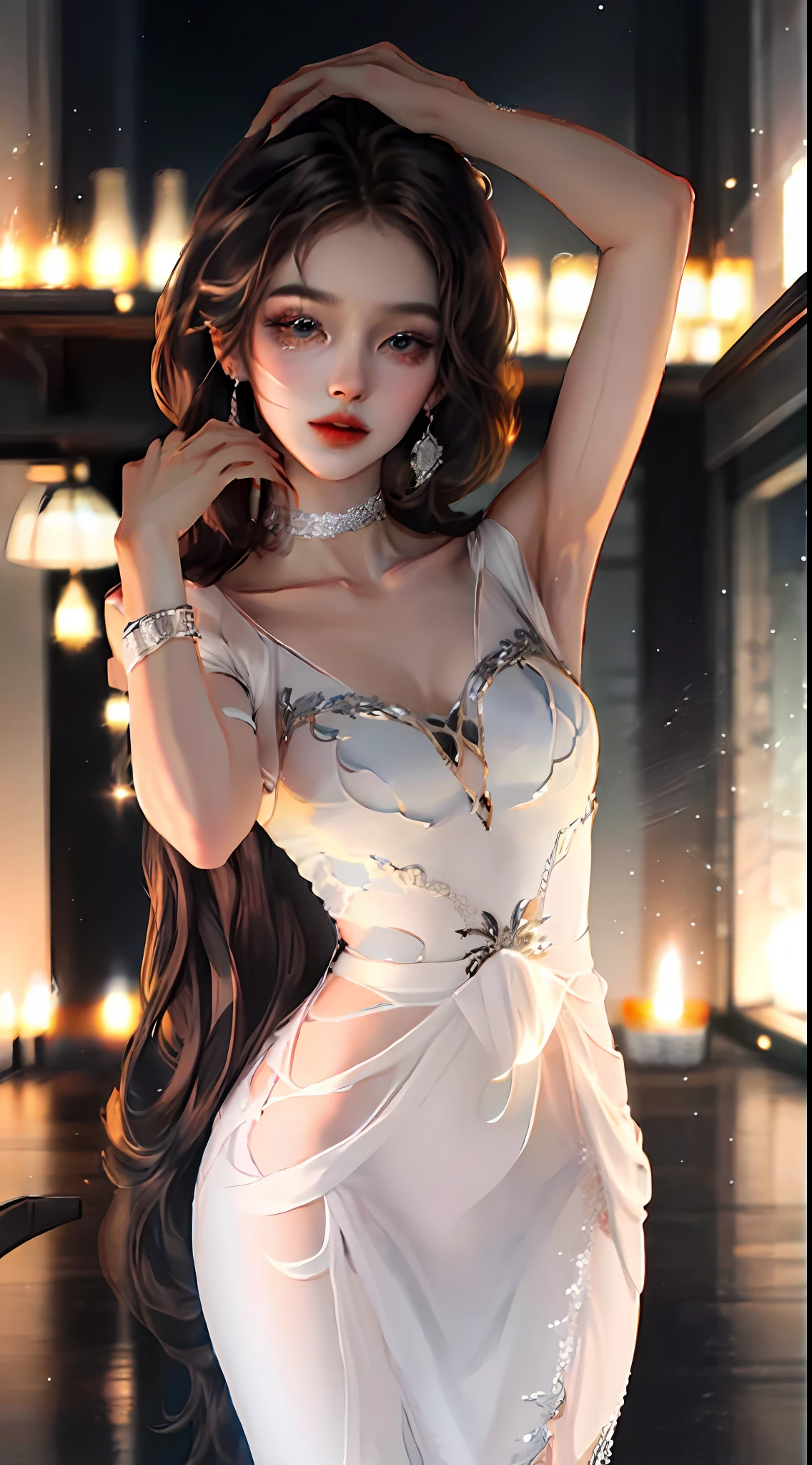 White nightdress，white skinned，brunette color hair，short detailed hair，Blue eyes，And your boyfriend，Dance，Need，tmasterpiece --auto