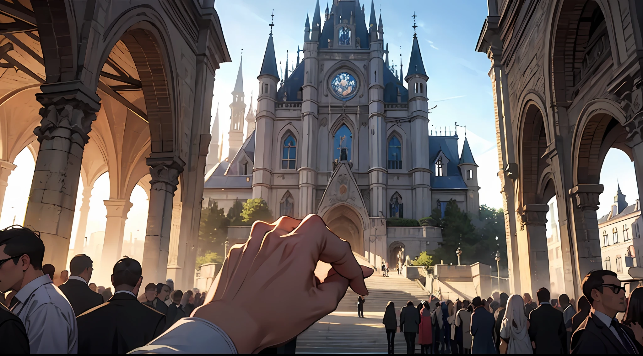foreshortening，tmasterpiece，16k，The is very detailed，a medieval castle，A big square，crowd of，
