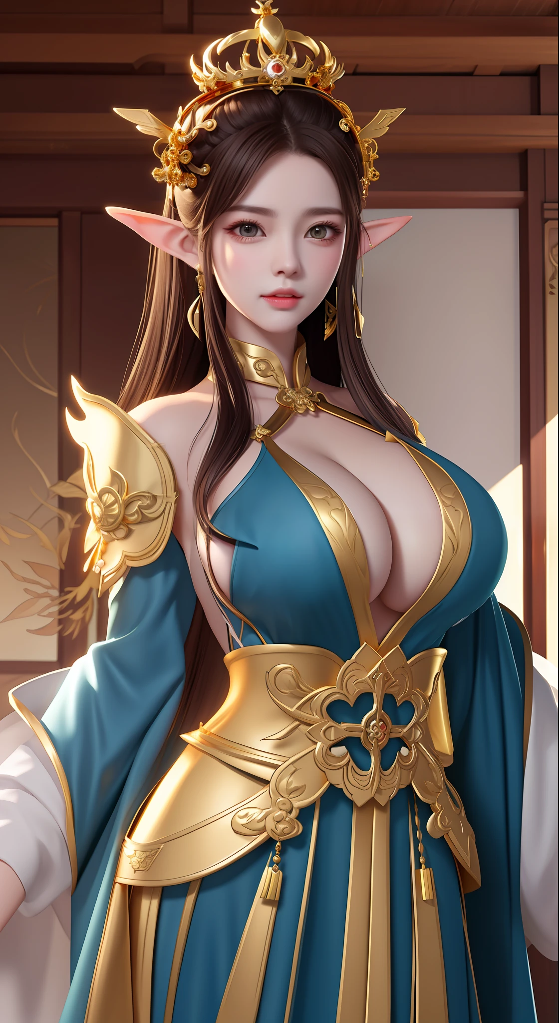 a woman with a crown on her head, game cg, cinematic goddess , a beautiful fantasy empress, xianxia hero, 4 k detail fantasy, artgerm  , xianxia fantasy, inspired by Liu Yifei, 8k portrait render,alluring elf princess knight, (((big boobs)))，(((gold Saint's costume))),dark brown Short-hair,(Desert court setting)