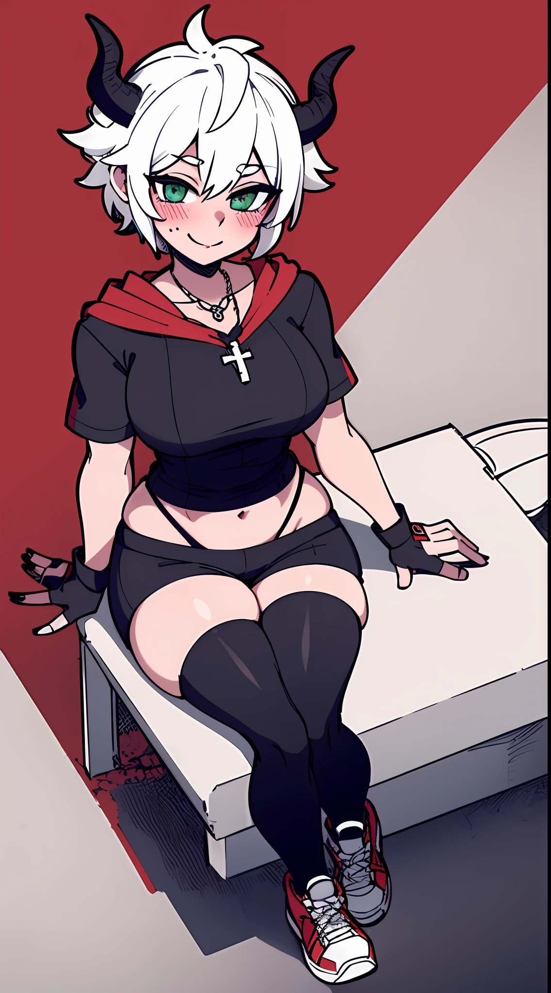 1girl, solo, height difference, short sleeve hoodie, black fingerless gloves, breasts, wide hips, blush, blushing, thick thighs, night, cross necklace, heart eyes, full body shot, horns on head, demon tail, black white and red outfit, red black and white background colors, white hair, tomboy, short hair, wide smile, sneakers, running shoes, booty shorts, exposed thigh, exposed calves, green eyes, black hair, viewing from above, thick thighs, shortstack, knee socks, exposed stomach, sitting on bench, pulling shirt, cleavage, sultry look, full face blush, exposed breasts