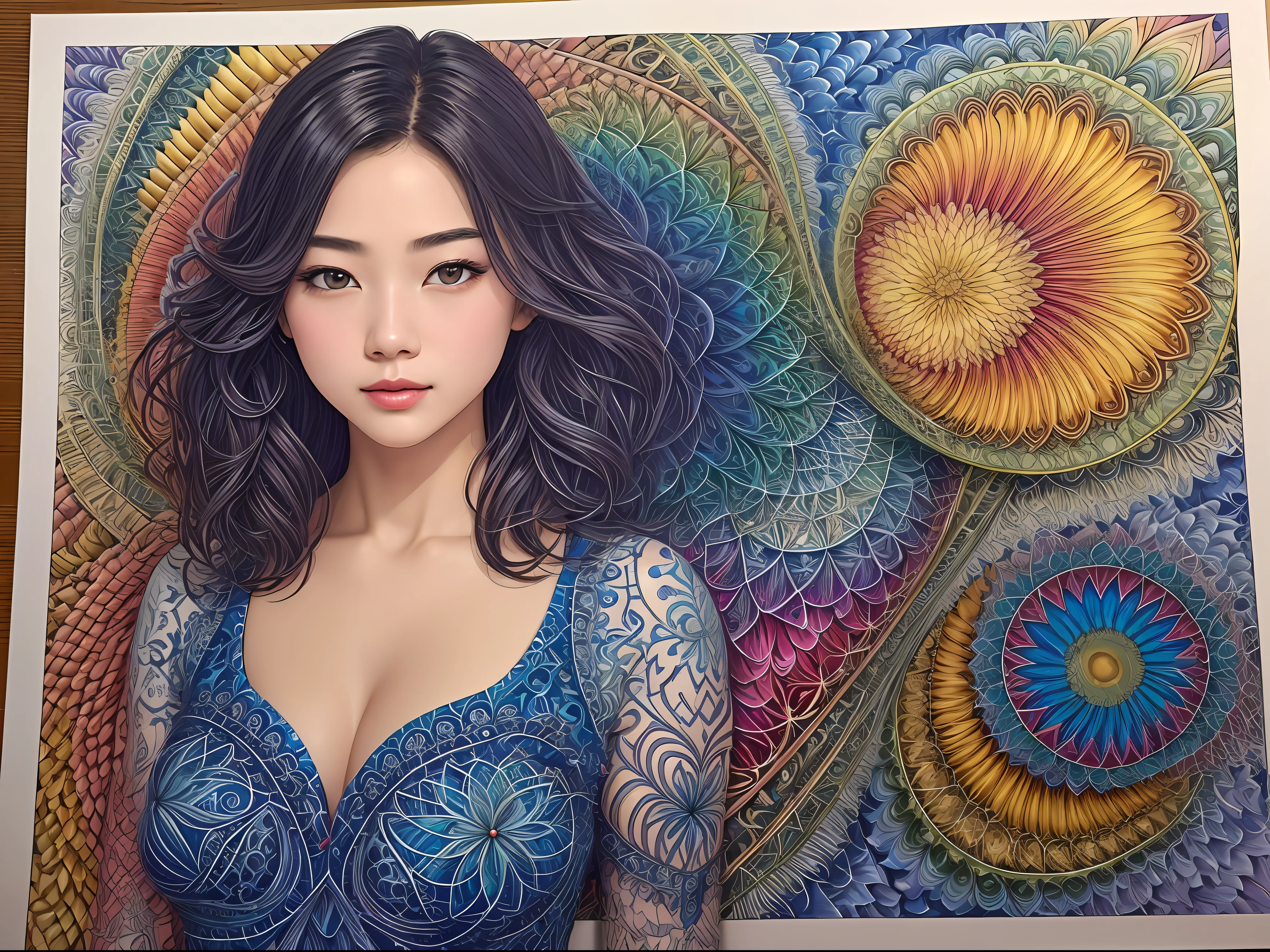 (masterpiece、top-quality、top-quality、Official art、Beautifully Aesthetic:1.2)、(1girl in:1.3)、ighly detailed、(Fractal Art:1.2)、colourfull、highestdetailed、(Zentangle:1.2)、(Dynamic Pause) 、(Abstract background:1.5)、(Nice dress:1.2)、(shinny skin)、(Many colors:1.4)、full bodyesbian 、shorth hair