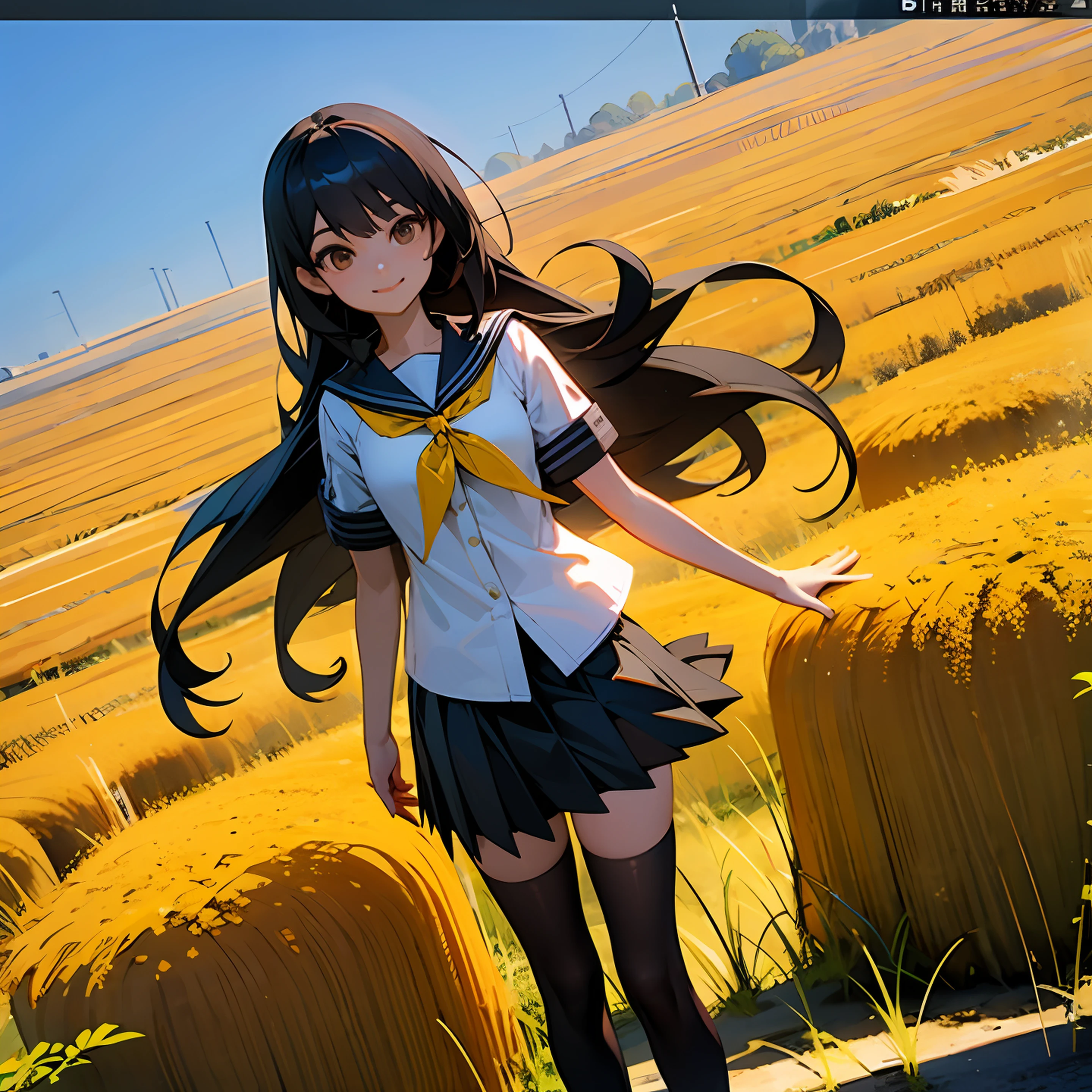 3D,Ultra 8K quality,tmasterpiece,a pretty girl,Long black hair,Brown eyes,JK skirt,鎖骨,gentleness,ssmile,Black knee-length stockings,and the sun was shining brightly,Clear skies,school ground