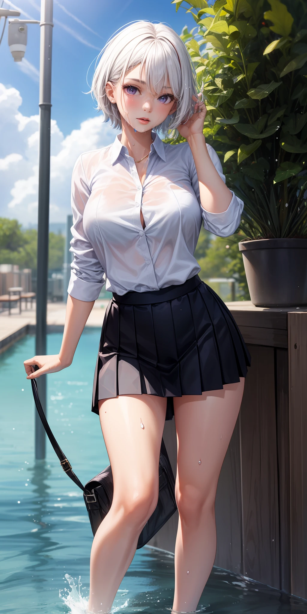 realisticlying,1girll,Bigchest,long leges,White hair,Purple eye,Super short black pleated skirt,White shirt,parted lip,Be red in the face,Get wet
