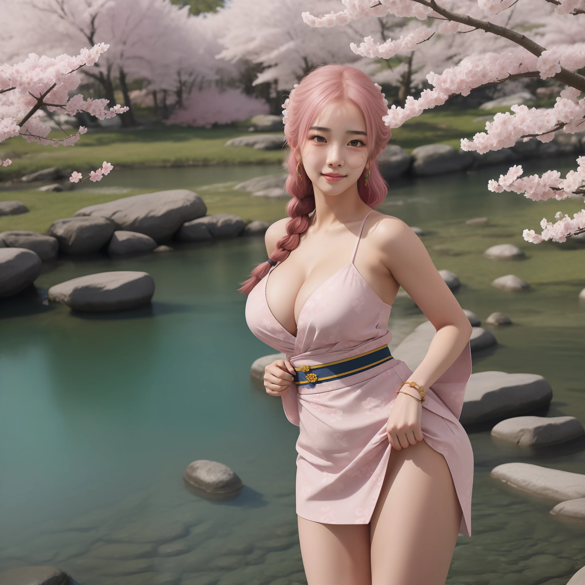 An Idol k-pop girl, (cute face), (lewd face:2), braid hair, intricate face details, detailed face, golden ratio face, ((big breasts:1)), ((slim waist, big butt, big hip, big thighs)), ((intricate hands, detailled hands)), ((intricate feets, detailled feets)), full body, 64K, UHD, HDR, global illumination, (high quality, high detailed, hyper detailed, extremely detailed), photo realistic, ultra realistic, art photo, (clarify the details, detailed parts body), intricate artwork masterpiece, trending on artstation, cleavage, kimono, standing near sakura tree, (green eyes:1), (pink hair:1), cherry blossoms fall, Sakura jungle, look at viewer, shoulder level view, lake, water, ((1 girl:2))