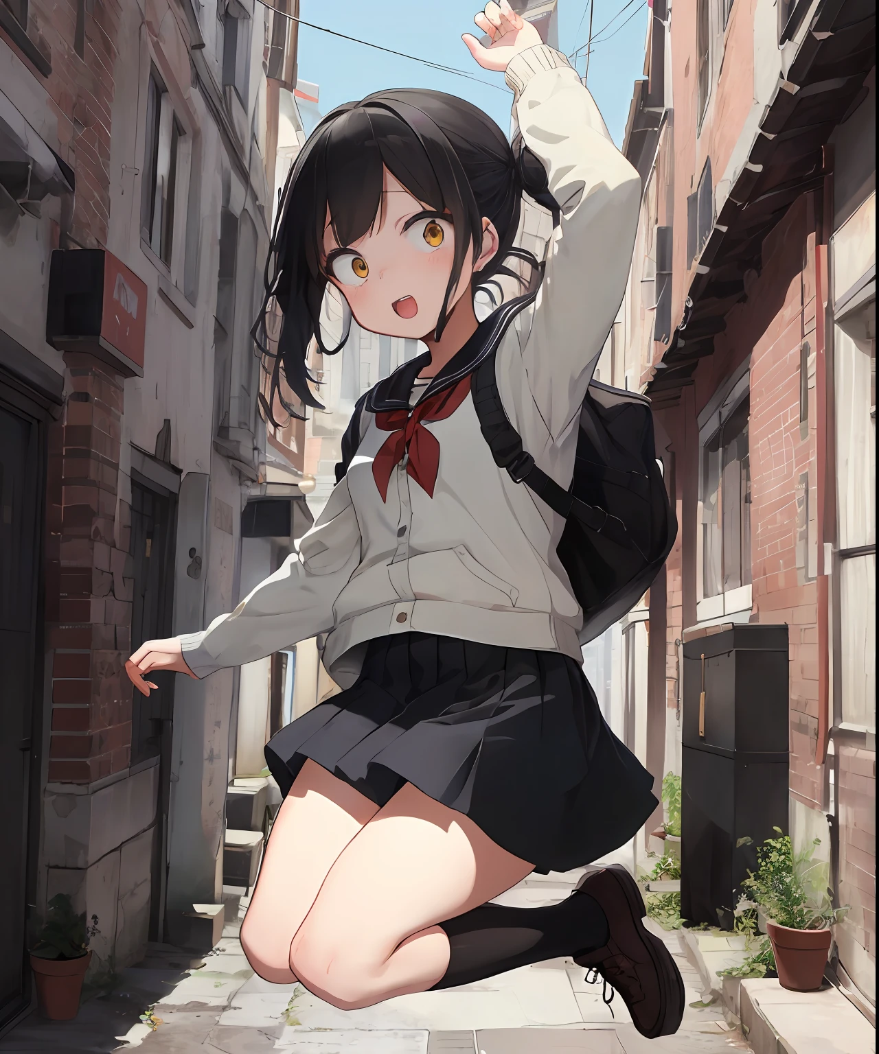 {{{masterpiece}}}, {{{best quality}}}, {{ultra-detailed}}, {illustration}, {{an extremely delicate and beautiful}},everyday, cute, girl, energetic, active, tomboy, jumping, black hair