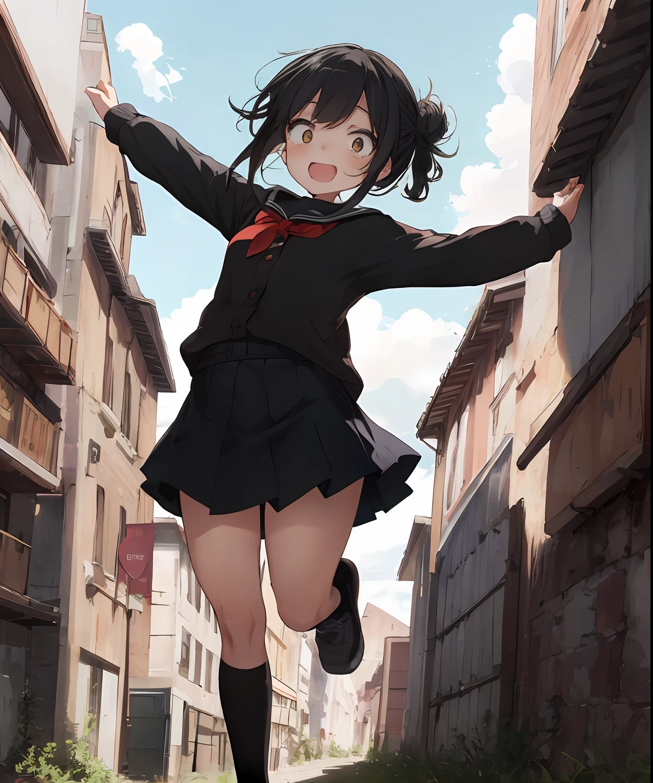 {{{masterpiece}}}, {{{best quality}}}, {{ultra-detailed}}, {illustration}, {{an extremely delicate and beautiful}},everyday, cute, girl, energetic, active, tomboy, jumping, black hair