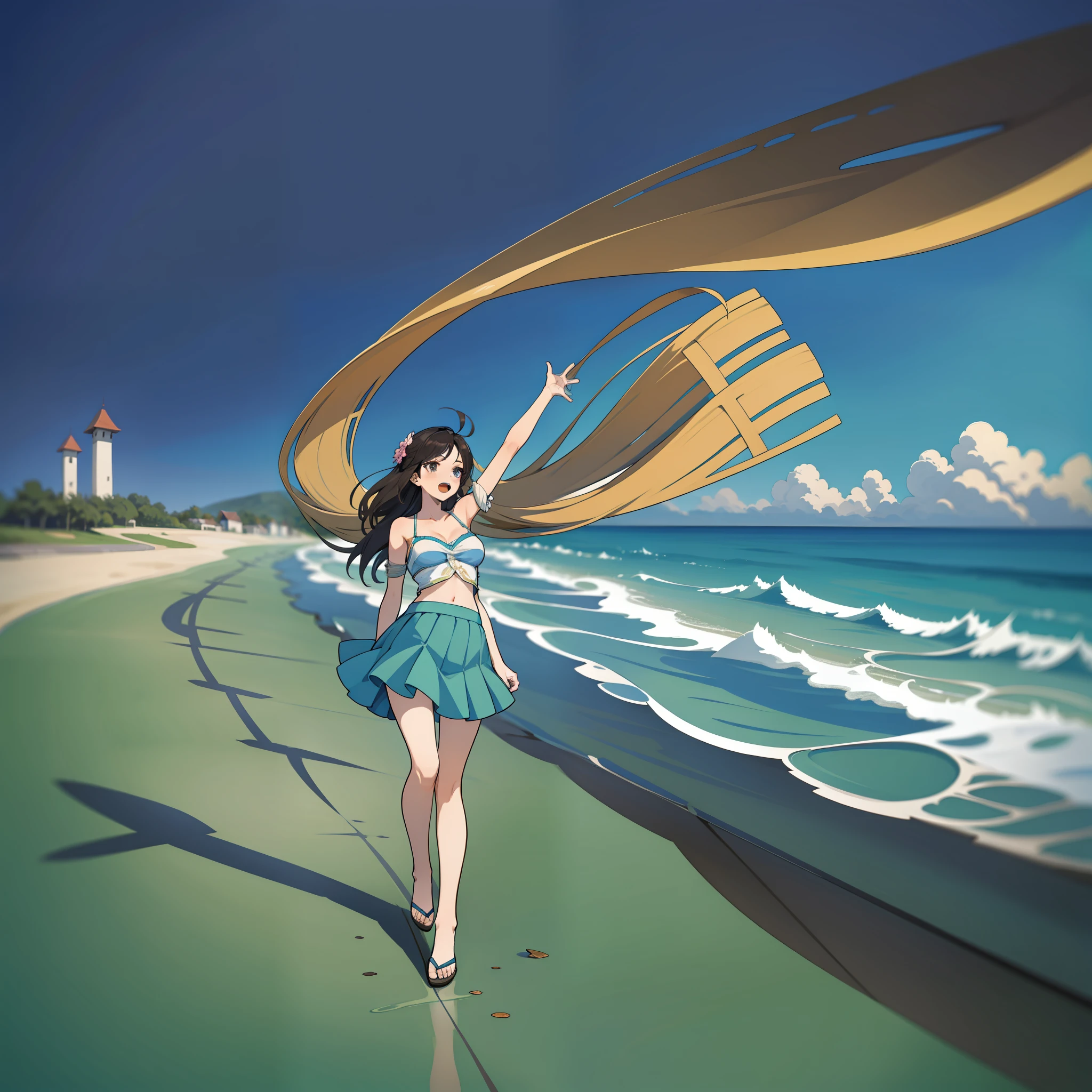 The two-dimensional long-legged beauty wears a skirt, stands on the beach with open arms and the wind blowing, and the long skirt flutters in the wind