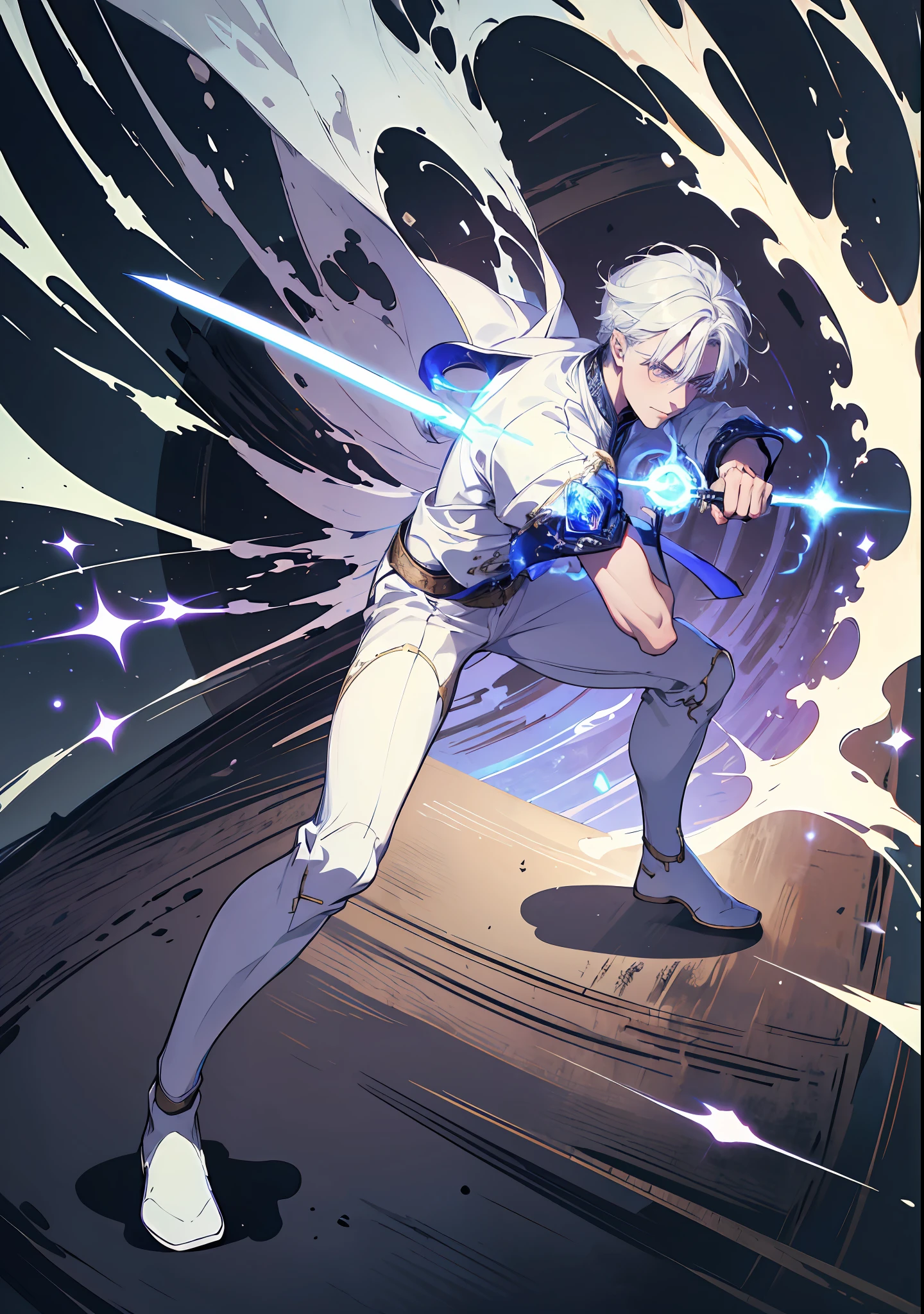 (absurdres, highres, ultra detailed), masterpiece, best quality, a boy in a white jacket, holding a sword, solo, handsome, short hair, white hair, detailed face, combat stance, attack pose, wielding sword pose, abstract background, swirl, spark, magic vortex