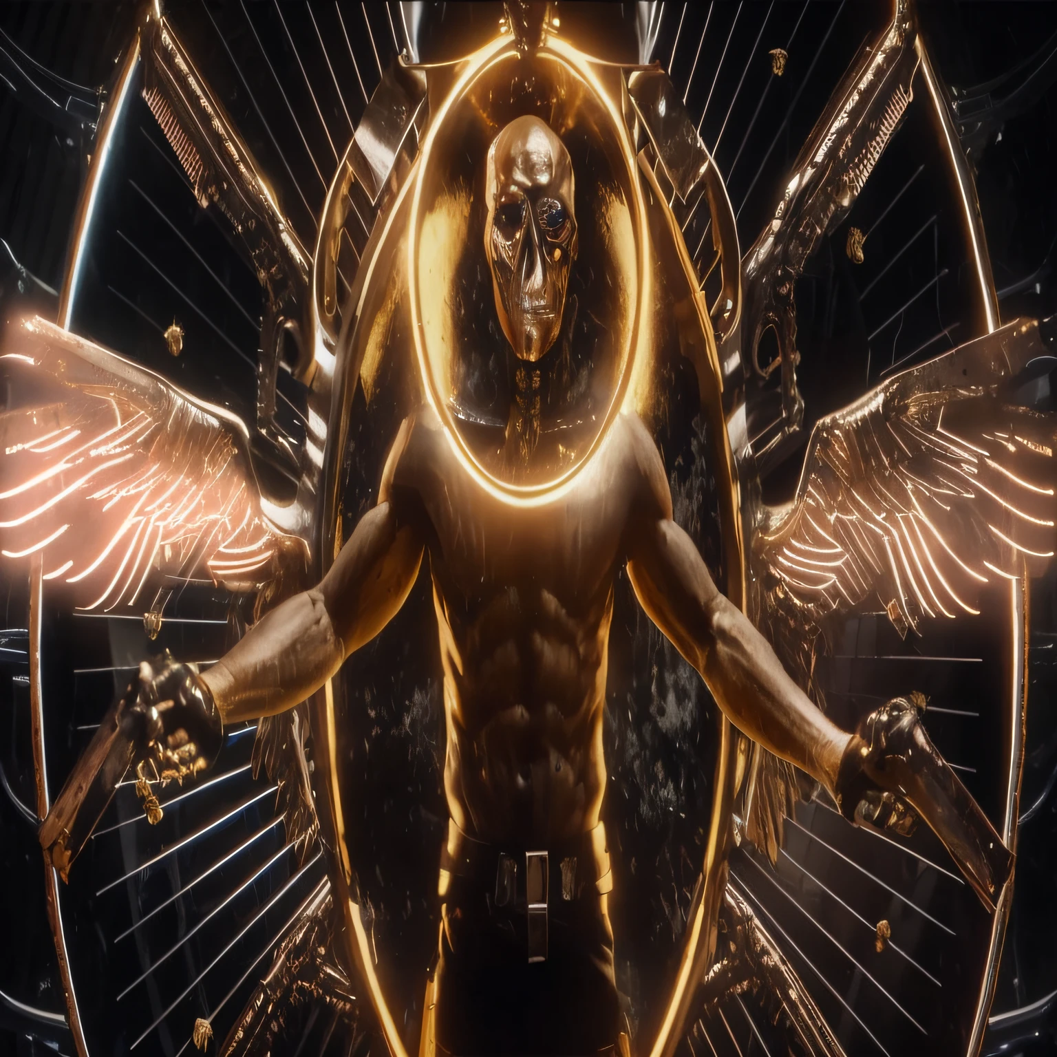 Close-up of a man with a golden face and wings, Houdini VFX, movie still of a villain cyborg, Aztec cyborg movie stills, movie still of a cyborg, movie still of a cool cyborg, 2 0 2 1 cinematic 4 k framegrab, altered carbon style, Cyborg movie stills, movie still of a alien cyborg --auto