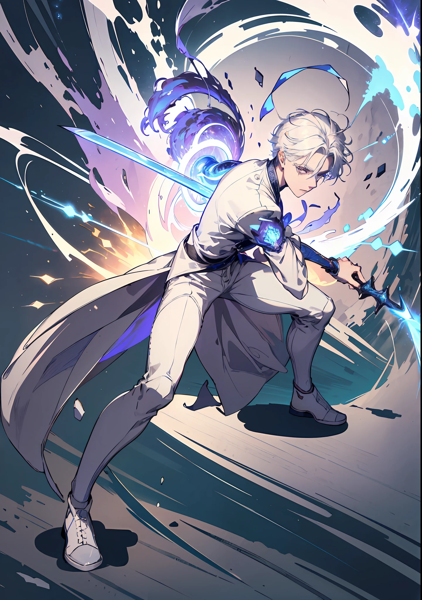 (absurdres, highres, ultra detailed), masterpiece, best quality, a boy in a white jacket, holding a sword, solo, handsome, short hair, white hair, detailed face, combat stance, attack pose, wielding sword pose, abstract background, swirl, spark, magic vortex