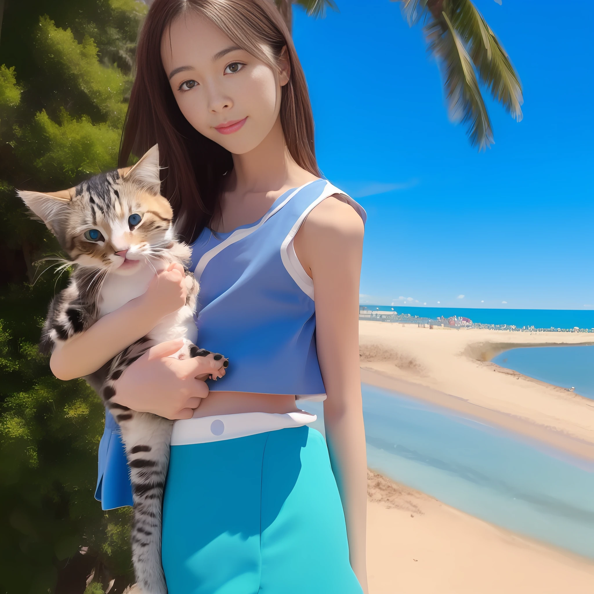 beachside，Little sister，long whitr hair，baby cats，blue skirts