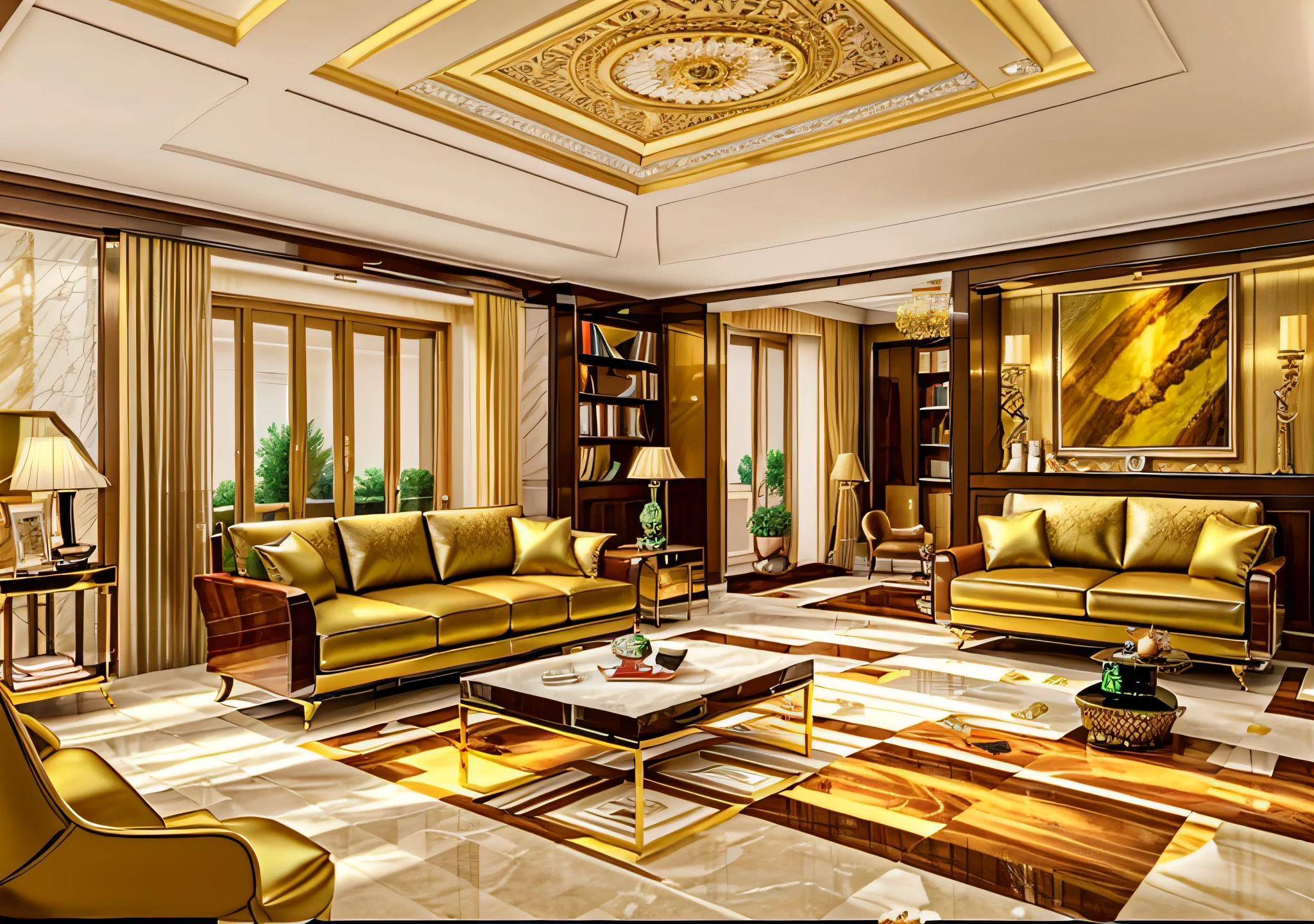 (luxury living room, opulent furniture, gold trimmings, velvet cushions, crystal chandelier, intricately designed Persian carpet, marble fireplace, books on shelves, art pieces on walls, glossy hardwood flooring, warm golden light).