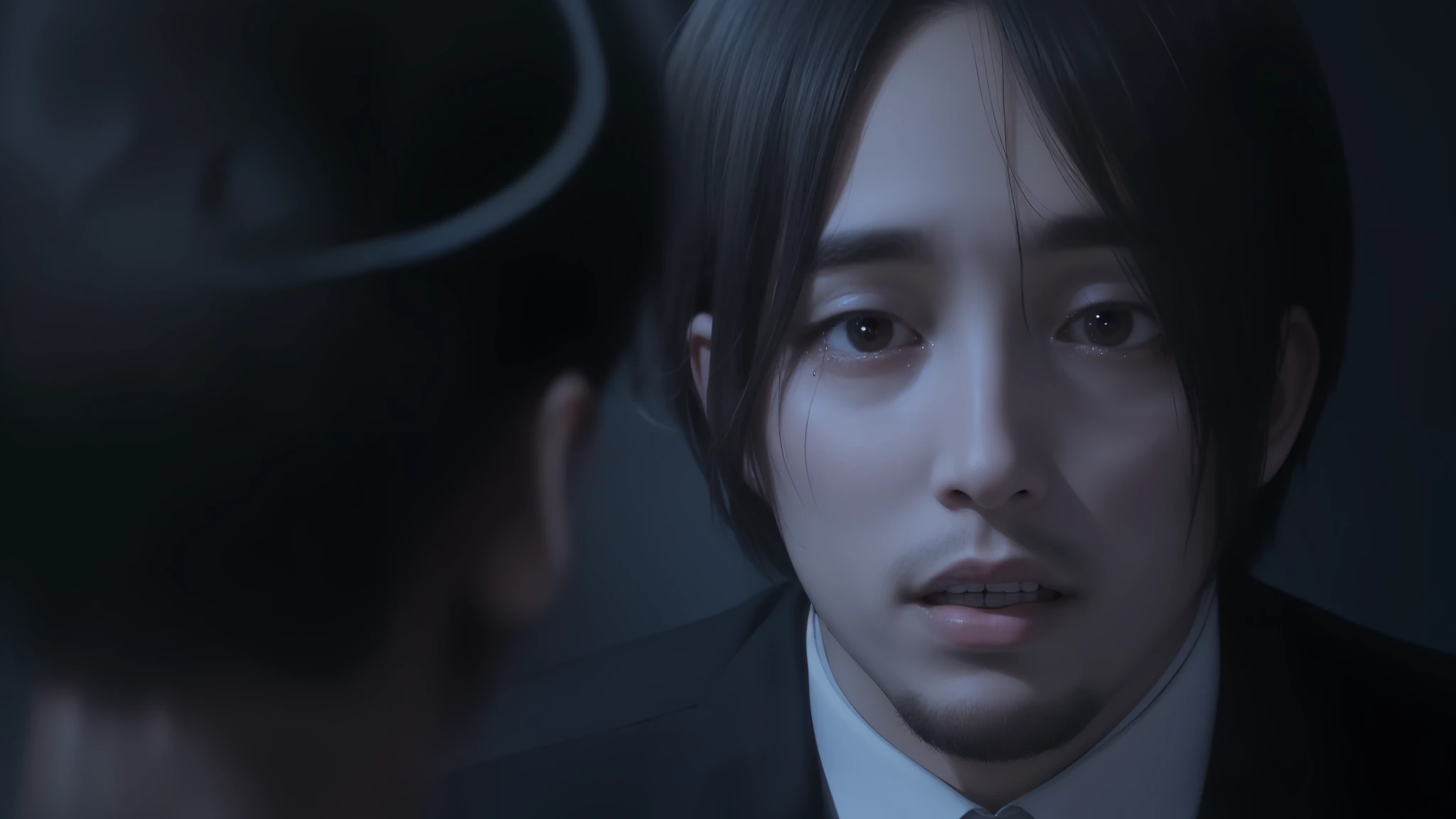 mejor calidad, obra maestra, (realista: 1.2), 1 hombre, Eren Jaeger, vida real, live-action, Vaqueros negros, brown-hair, cabello suelto, Cabello largo, Chad, GigaChad, masculino, Masculino, sad, crying