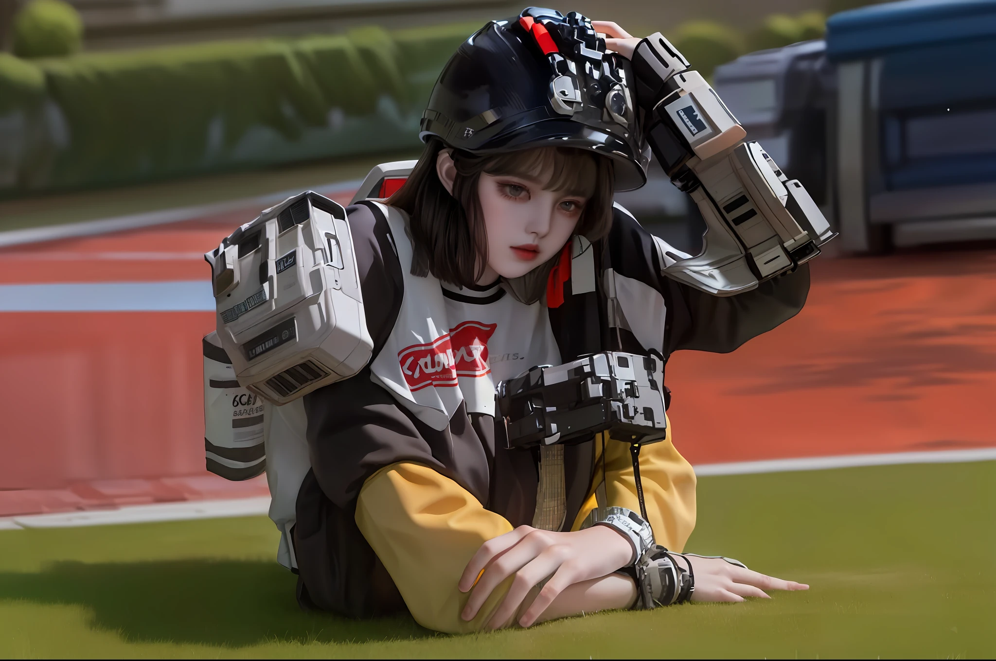 A man sits on the ground wearing a helmet,A girl wearing a helmet in her arms,Put your arms around your neck,your legs,anime figure
