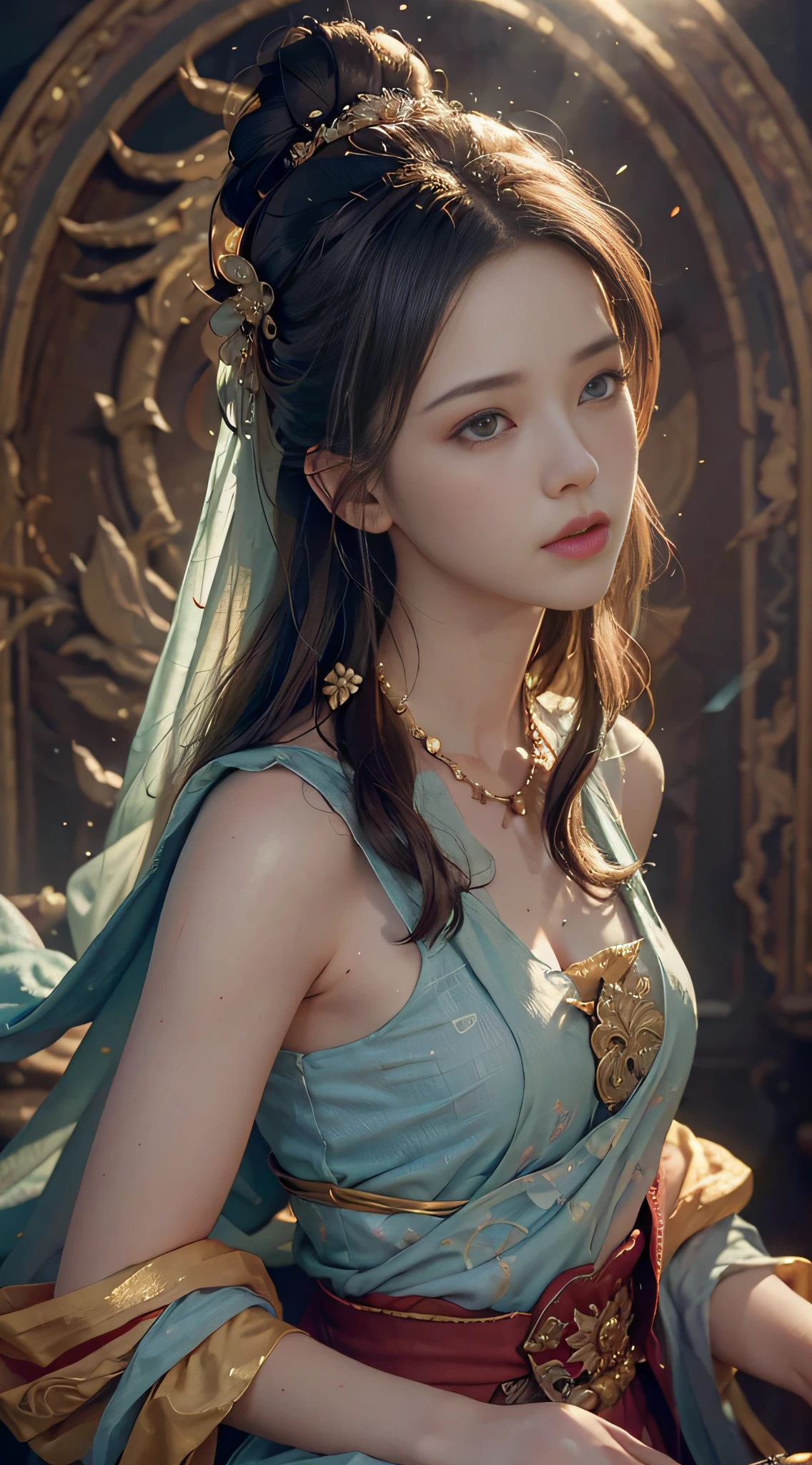 (RAW photo, best quality), (realistic, photo-realistic:1.3),best quality,highly detailed,masterpiece,ultra-detailed,illustration,1girl,upper_body,dynamic angle,world masterpiece theater,messy_long_hair,best quality,extremely detailed CG unity 8k wallpaper,ink,Amazing,cinematic lighting,lens_flare,,dunhuang_style