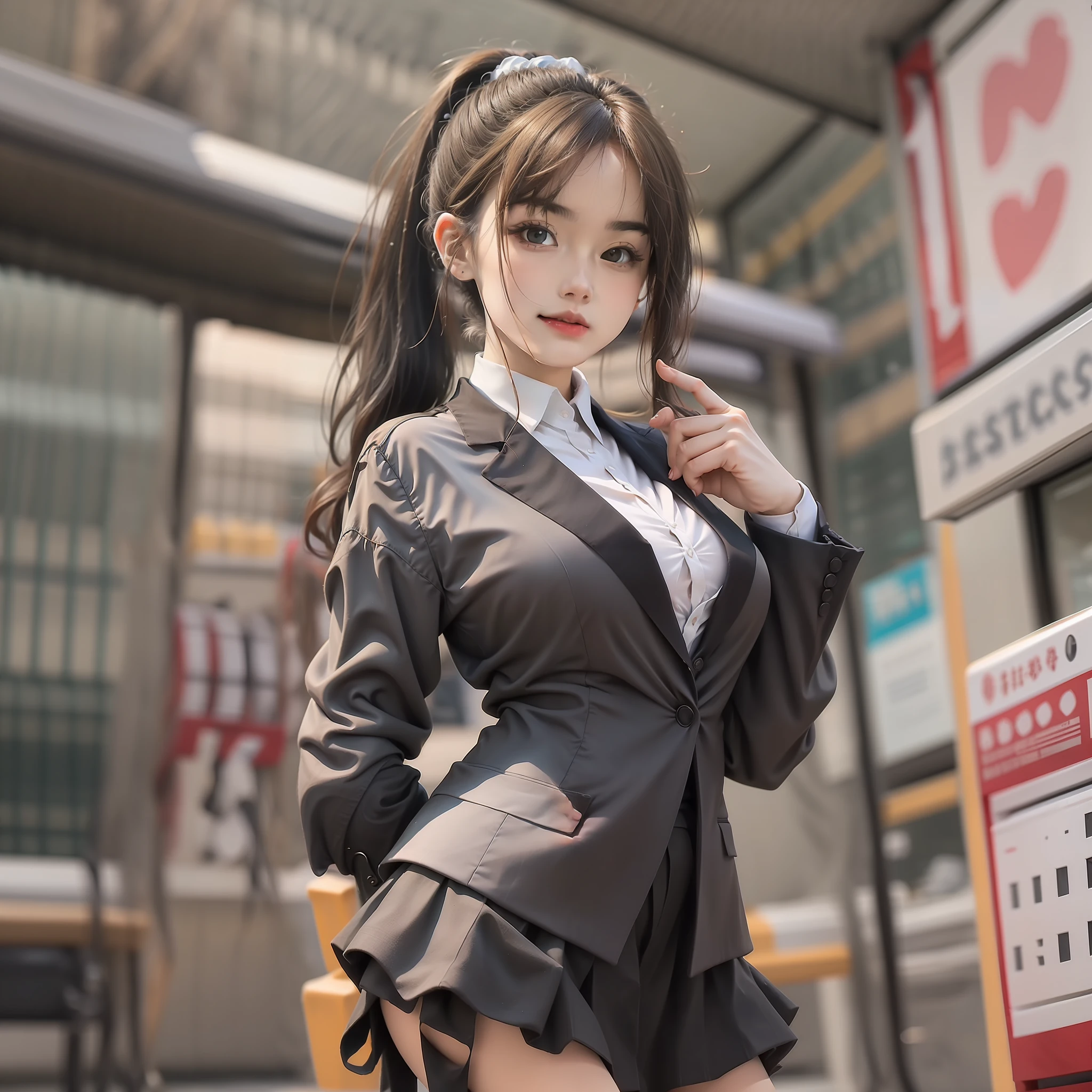 best qualtiy, tmasterpiece, 1girll, beauitful face, (photograph realistic:1.3), edge lit, (highdetailskin:1.2), 8K UHD, digital SLR camera, high high quality, A high resolution, 4k, 8k, bokeh, absurderes, Optimal proportions of four fingers and one thumb, (realisticlying:1.3), Cute 1girl, Wearing a black formal blazer, mediuml breasts, short skirt,High ponytail,figure eight bangs