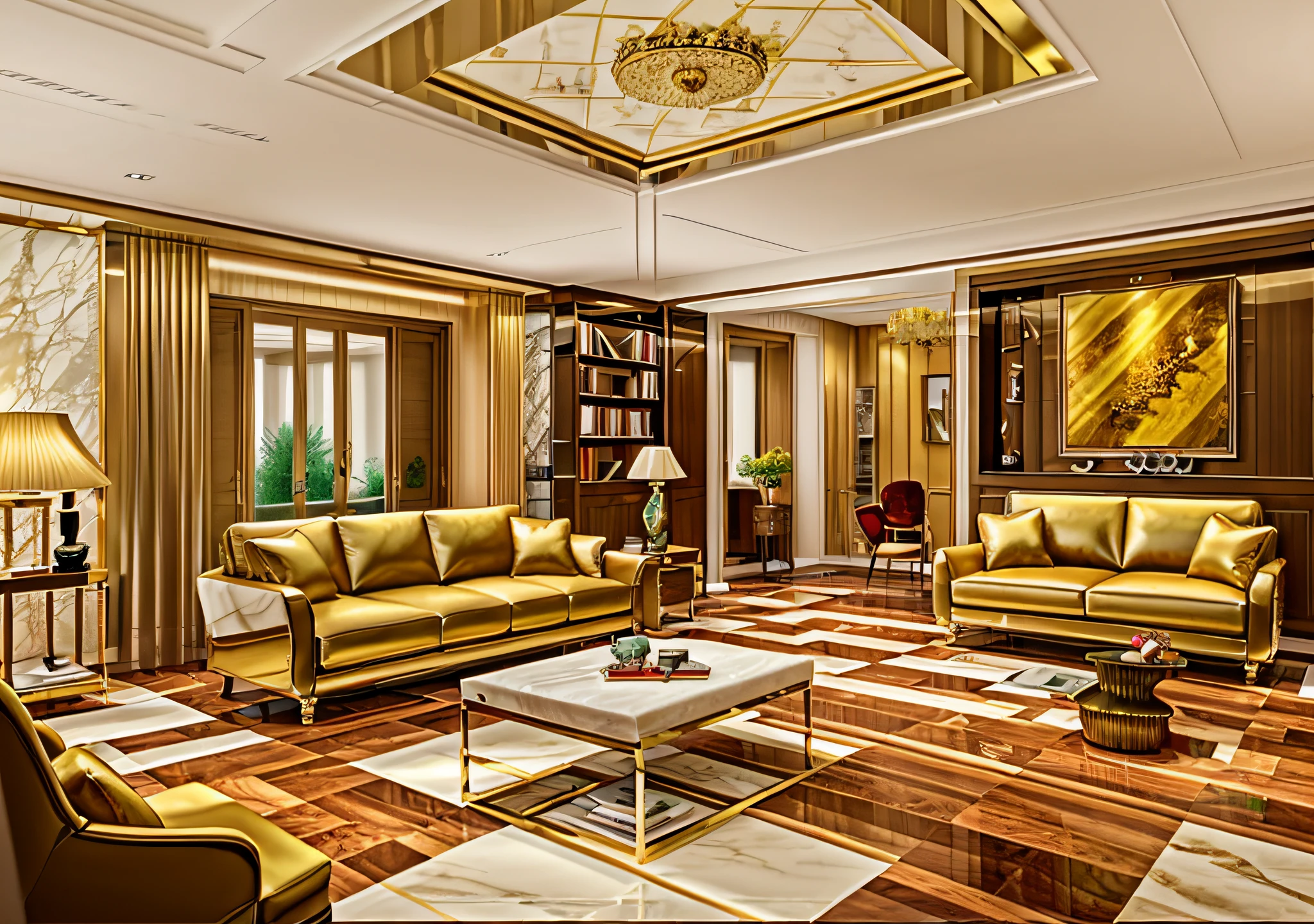 (luxury living room, opulent furniture, gold trimmings, velvet cushions, crystal chandelier, intricately designed Persian carpet, marble fireplace, books on shelves, art pieces on walls, glossy hardwood flooring, warm golden light).