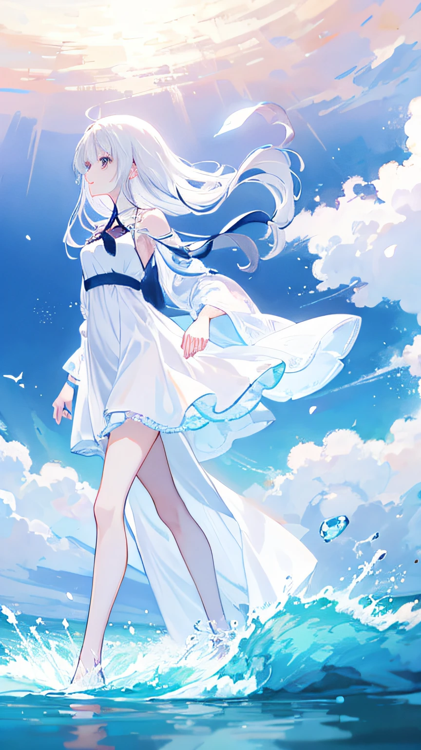 Anime girl walking on beach in white dress，Long white hair, white hair floating in air, Flowing white hair, ethereal anime, Anime girl walking on water, anime beautiful peace scene, nightcore, Beautiful anime artwork, White dress!! of silver hair, white-haired god, Beautiful anime, Smooth anime CG art, Anime art wallpaper 8 K, anime wallaper
