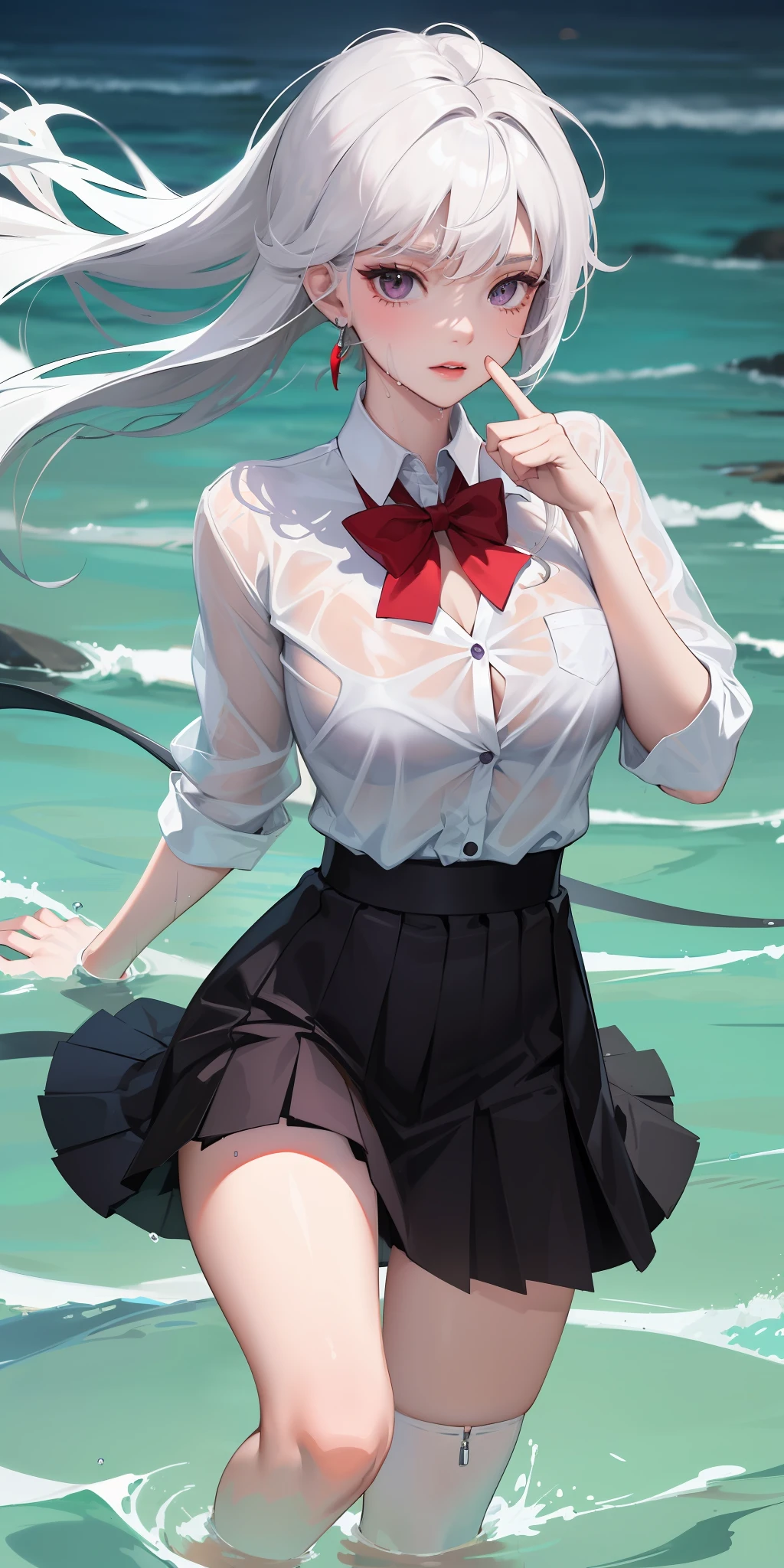 realisticlying,1girll,Bigchest,long leges,White hair,Purple eye,Super short black pleated skirt,White shirt,parted lip,Be red in the face,Get wet