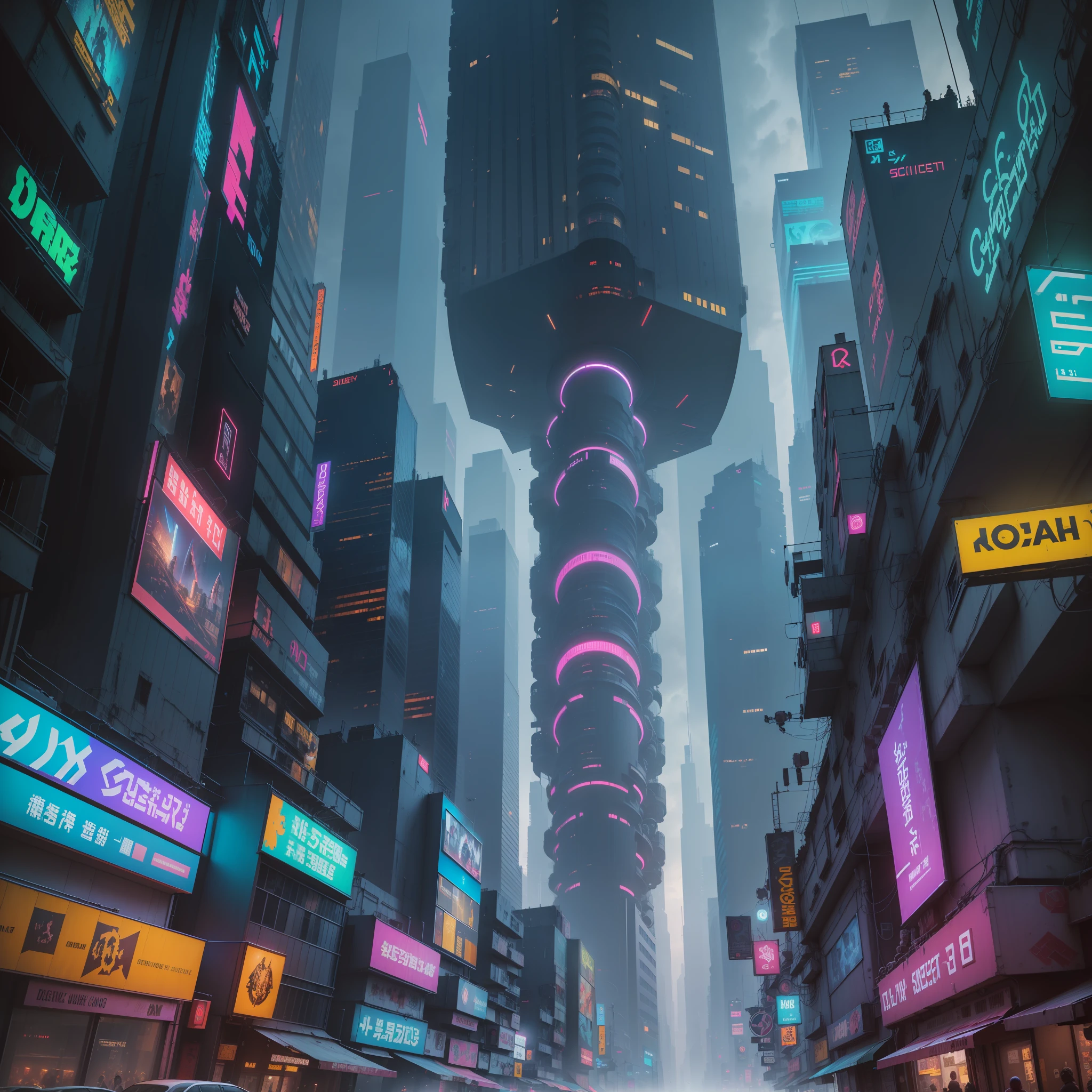 (masterpiece), best quality, ultra-detailed, extremely detailed, (cyberpunk:1.3, sci-fi:1.2), (mega city:1.3, skyscraper:1.2), at a dizzying height, neon lights, (futuristic vehicle:1.2), high-tech device, (crowded people:0.8, few people:1.2), dark alleys, night scene, cinematic shot.