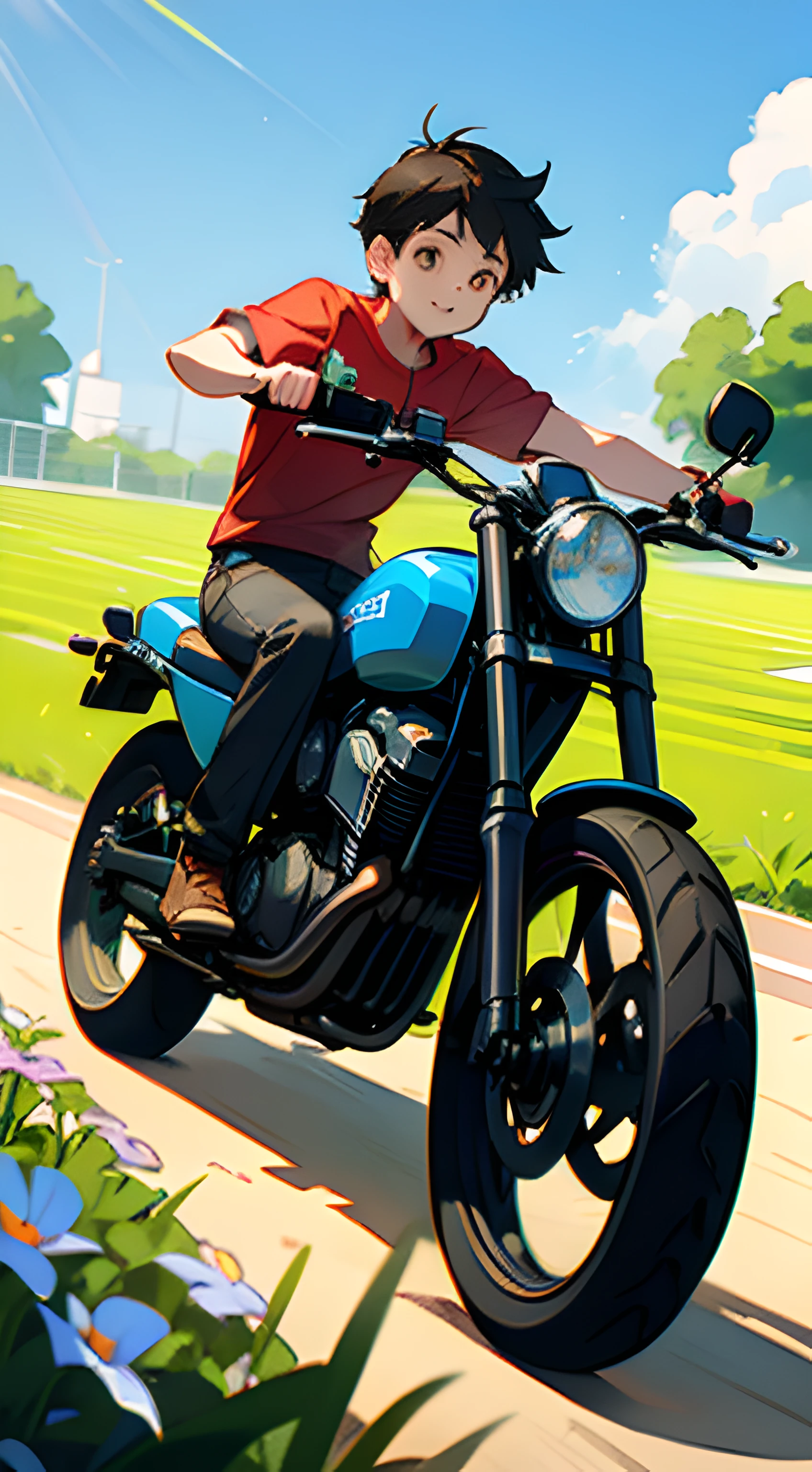 (high high quality)Motorcyclical(younge boy)Show on the(On wide meadows)swim,Wear a summer T-shirt,The direction of the ride is greeting(Brilliant sunshine),Behind him is(Vibrant garden)。