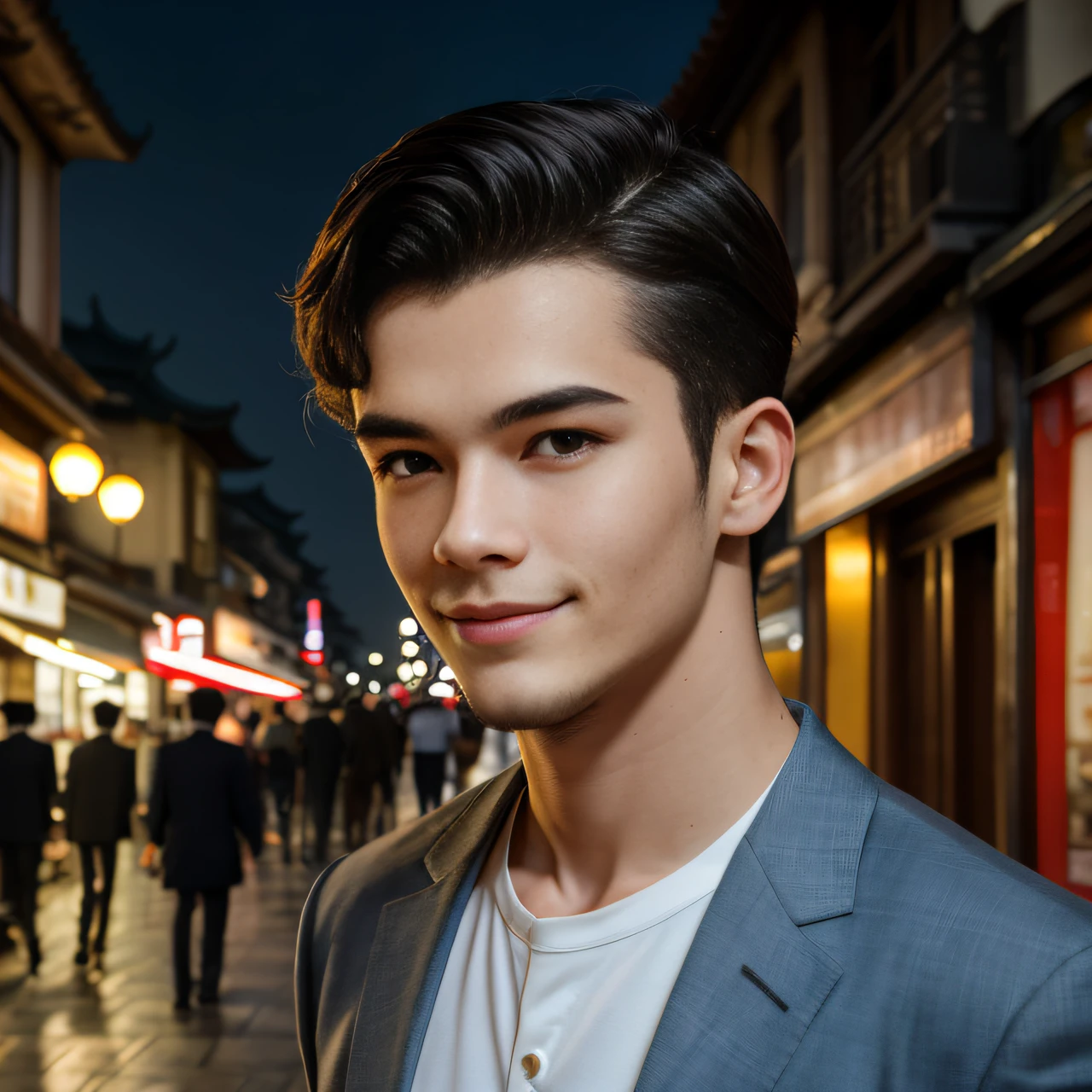 masterpiece、top-quality、hight resolution、超A high resolution、realisitic、Photorealsitic、A young man、Handsome face、early evening、natural soft light、looking at the viewers、outside of house、full bodyesbian、a smile、Round face、shorth hair、Eye of Detail、Streets of Shanghai、nighttime scene、dandy