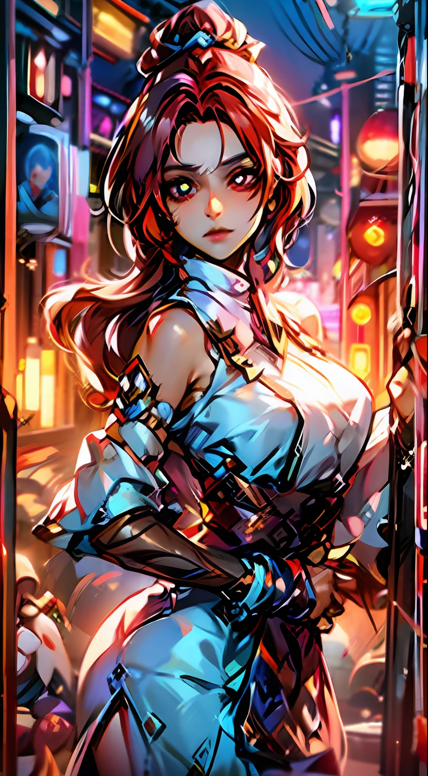 A red-haired witch depicted in HD detail,Dramatic red and white witch costume,Mesmerizing purple pupils,Late night street,disdainful expression,It's a dreamlike scene,It interprets the pursuit and aspiration of individual freedom in modern witchcraft.