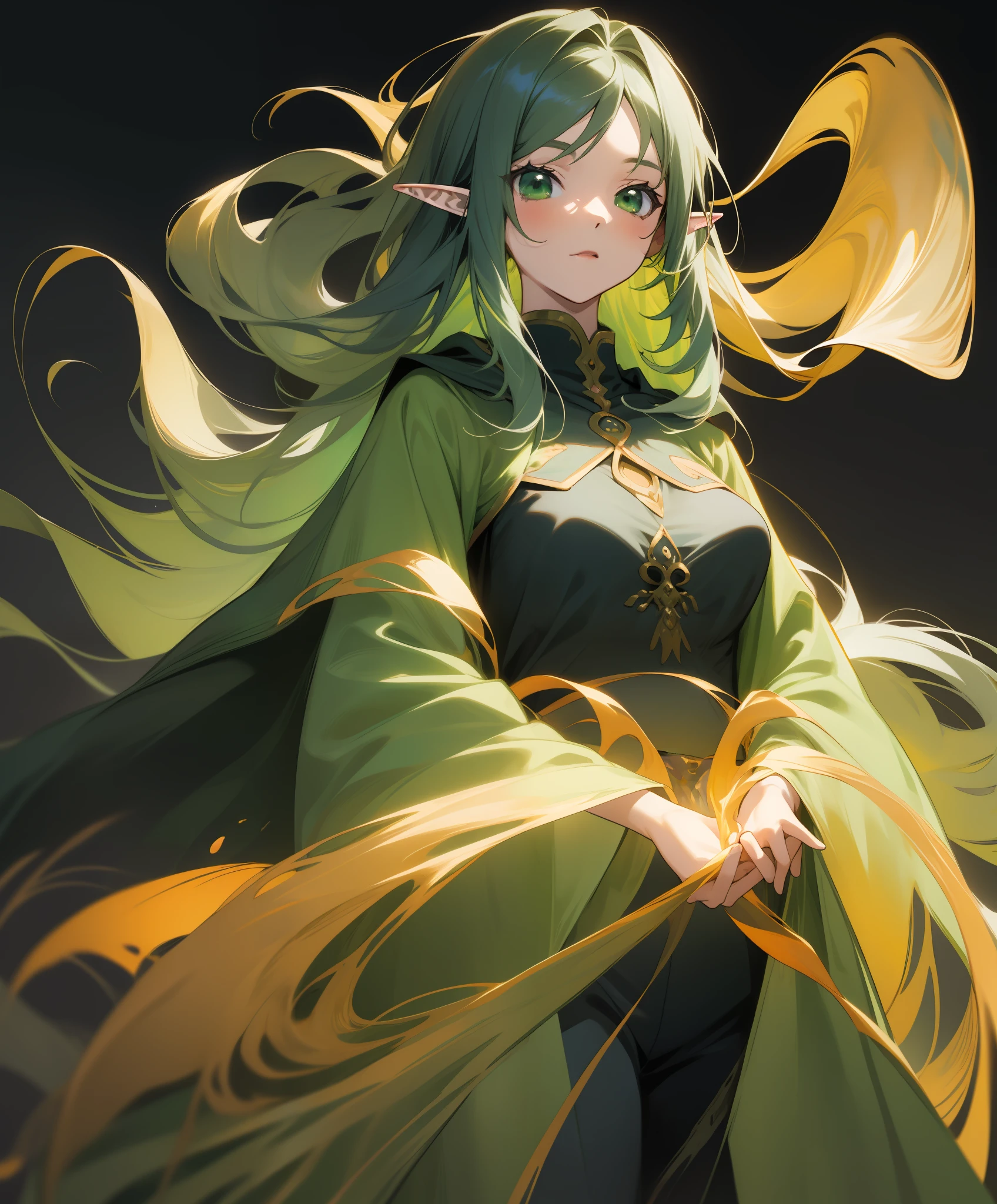 Anime girl with long hair and green coat holding book, alchemist girl, Anime girl with long hair, flowing hair and long robes, in a cloak with long hairs, (Golden Ratio:1.2),[(black background:1.4)::10],(masterpiece), (best quality), (ultra detailed),(disheveled hair),(illustration),Tall figure,Elf female,Waterfall long hair,Black hair and green dye,pointed ears,medium breasts,White shirt,black long pants