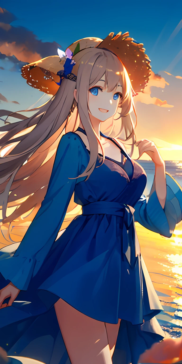 （tmasterpiece），Best picture quality，Super meticulous，Very delicate and beautiful，（Wonderfully bizarre），1个Giant Breast Girl，whaite hair，eBlue eyes，medium chest circumference，Very long hair、Smiling face，a blue dress，the ocean+Background with，himawari，Straw Hat Hat，dynamic angle，female focus，light particules，detailedbackground，Paul Hedley，gentlesoftlighting，Sunset effect，Long legs，White Skin Skin。