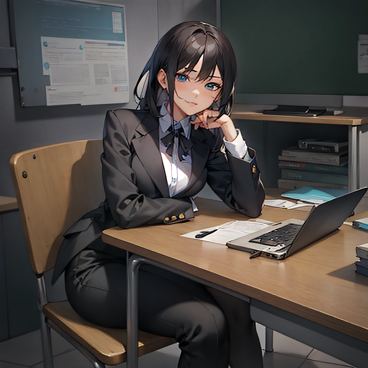 Anime - Stylistic image of a woman in a black suit sitting on a chair, seductive anime girls, Smooth anime CG art, (sfv) safe to work, Surrealism female students, Surrealism female students, Realistic schoolgirl, Digital anime illustration, noire moody scene, Digital anime art, wearing a strict business suit, On a table, In the office