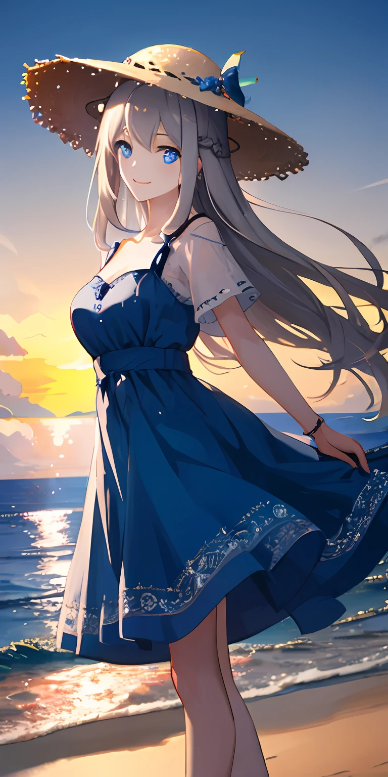 (tmasterpiece),Best picture quality,Super meticulous,Very delicate and beautiful,(Wonderfully bizarre),1个Giant Breast Girl,whaite hair,eBlue eyes,medium chest circumference,Very long hair、Smiling face,a blue dress,the ocean+Background with,himawari,Straw Hat Hat,dynamic angle,female focus,light particules,detailedbackground,Paul Hedley,gentlesoftlighting,Sunset effect,Long legs,White Skin Skin。
