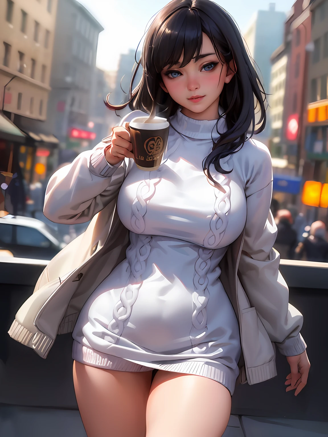 (Masterpiece, Best quality:1.4), (modern times), (Cowboy shot), 1girll, Solo, angle of view, sfv, Stunning girlfriend, (standing:1.1), Dynamic pose, (White oversized sweater, knitted sweater:1.4), （：1.4），（1.4），long Brond Hair，By bangs，heart - shaped face，Elegant face，beauitful face，High detail face，Highly detailed skin，skin pore，sub surface scattering，（Blue eye details），realistic pupil，crisp breasts，A loving smile，looking at viewert，full blush，'s plump lips，holding a single coffee cup，at centre，coffee shop in background，the city street，Sunnyday, ventania, detailed back ground, depth of fields, atmosphric perspective, Volumetriclighting, Clear focus, absurd res, Realistic proportions, Good anatomy, (realisticlying, Hyper-realistic:1.4), 16K HD,Bare chest，Chest leakage，裸体女