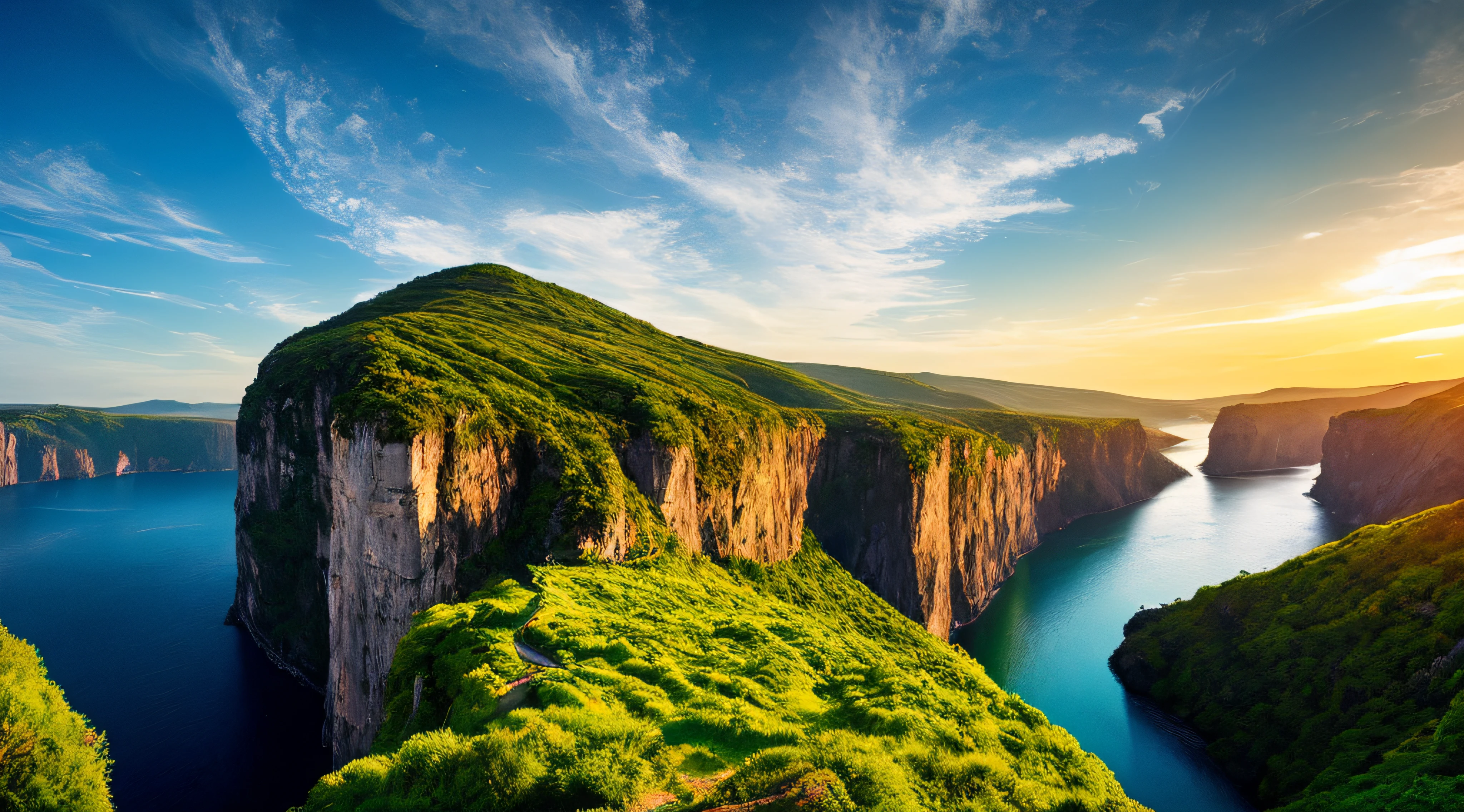 Masterpiece, ultimate quality, Cg unity 8k wallpaper, super delicate, beautiful sky and clouds, rich natural scenery, cliffs, lakes and rivers, waterfalls and flying water, beautiful green mountains, no trace of people, excellent scenery, has already won a photo contest, background Blurring, full depth of field, HDR high dynamics, true restoration, intricate, extreme details, dramatic presentation, perfectly presenting the style of midjourney art.