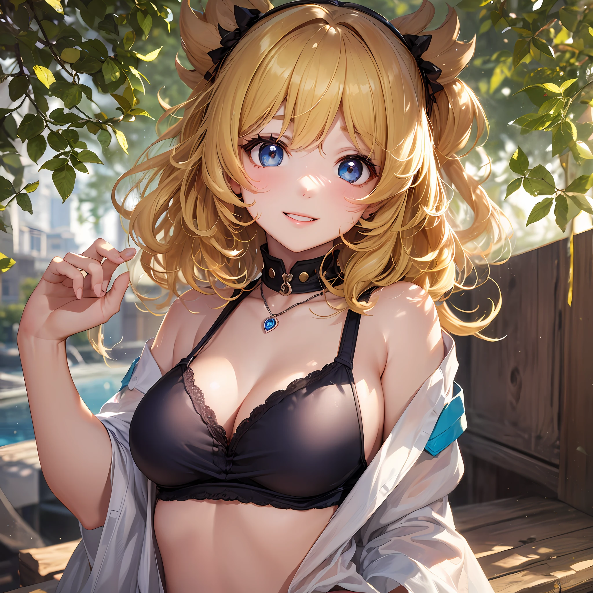 A teenage girl，Yellow-colored slightly curly hair，Stand in the sun，cheeks slightly red，Blue pupil，rays of sunshine，ssmile，moderately sized breasts ，Retina screen