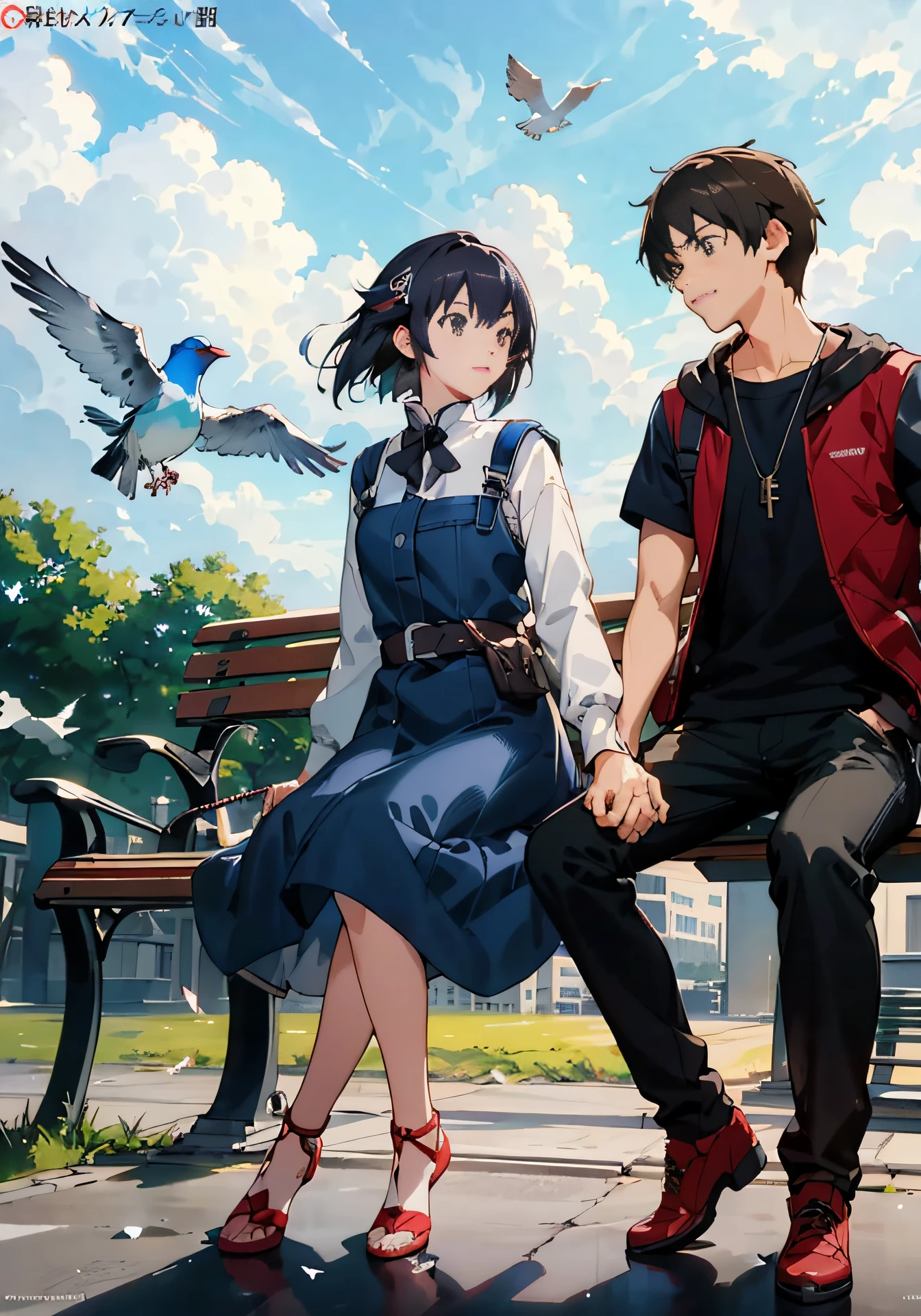 Anime couple sitting on bench,Birds fly overhead, style of anime4 K, Guweiz e Makoto Shinkai, visual novel key visual, 4k manga wallpapers, Anime art wallpaper 8 K, Makoto Shinkai and Artgerm, 4K anime wallpaper, Anime wallpaper 4 k, Anime wallpaper 4K, Anime style. 8K