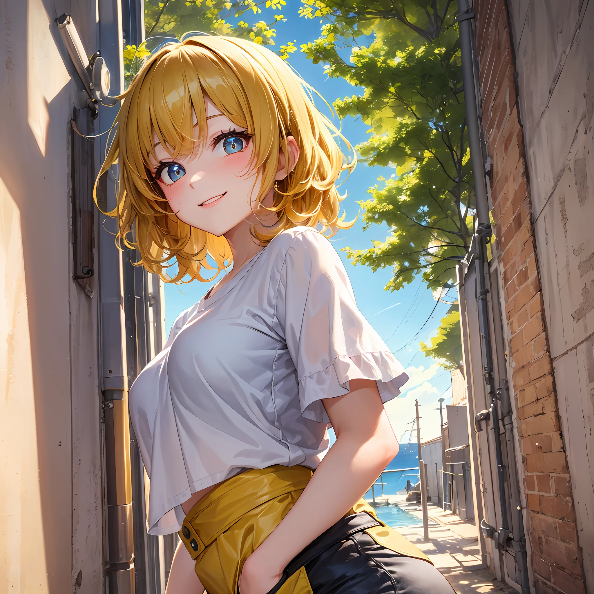A teenage girl，Yellow-colored slightly curly hair，Stand in the sun，cheeks slightly red，Blue pupil，rays of sunshine，ssmile，moderately sized breasts ，Retina screen