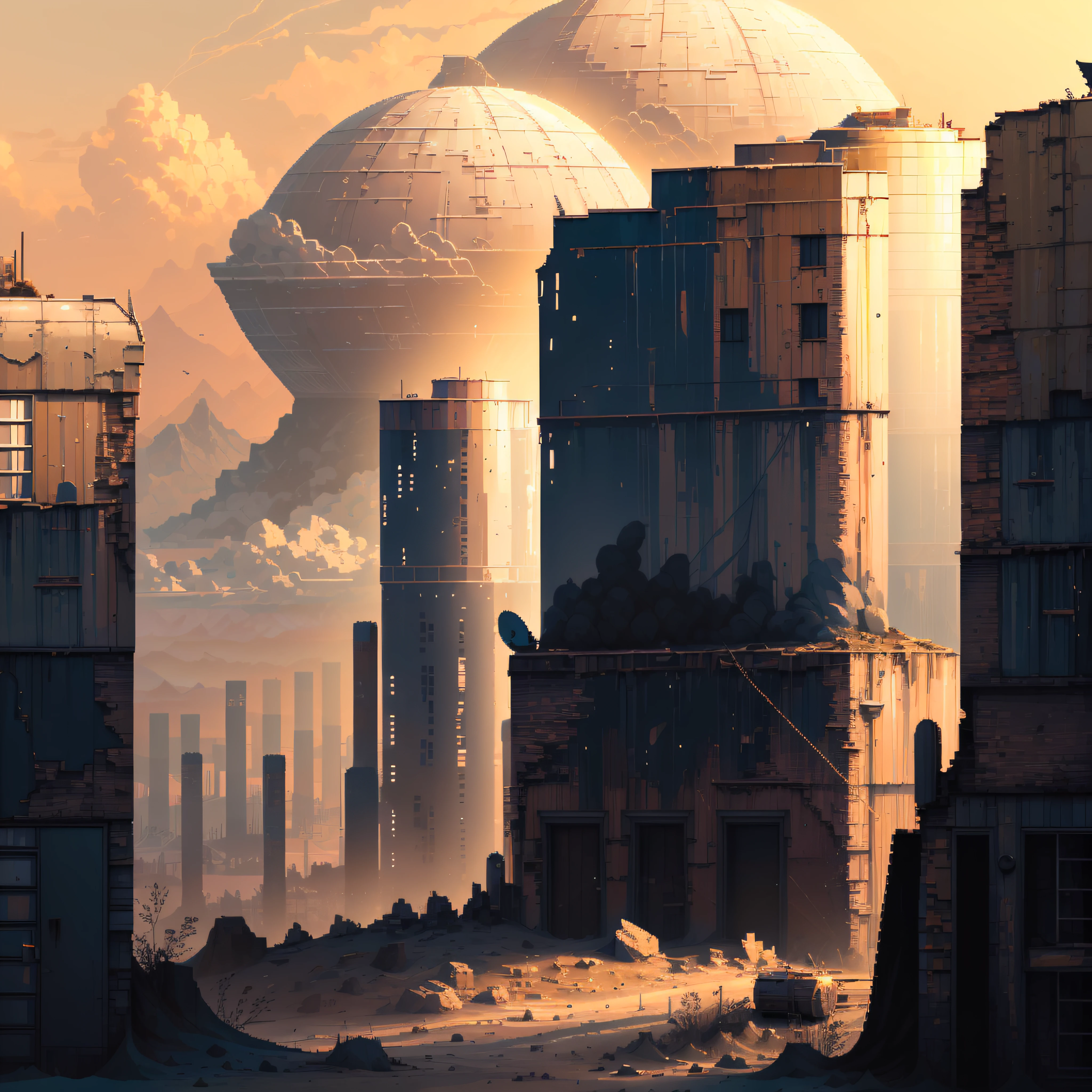 A desert,Abandoned cities,abandoned factory,rays of sunshine,with blue sky and white clouds,Open,pix,pixelart