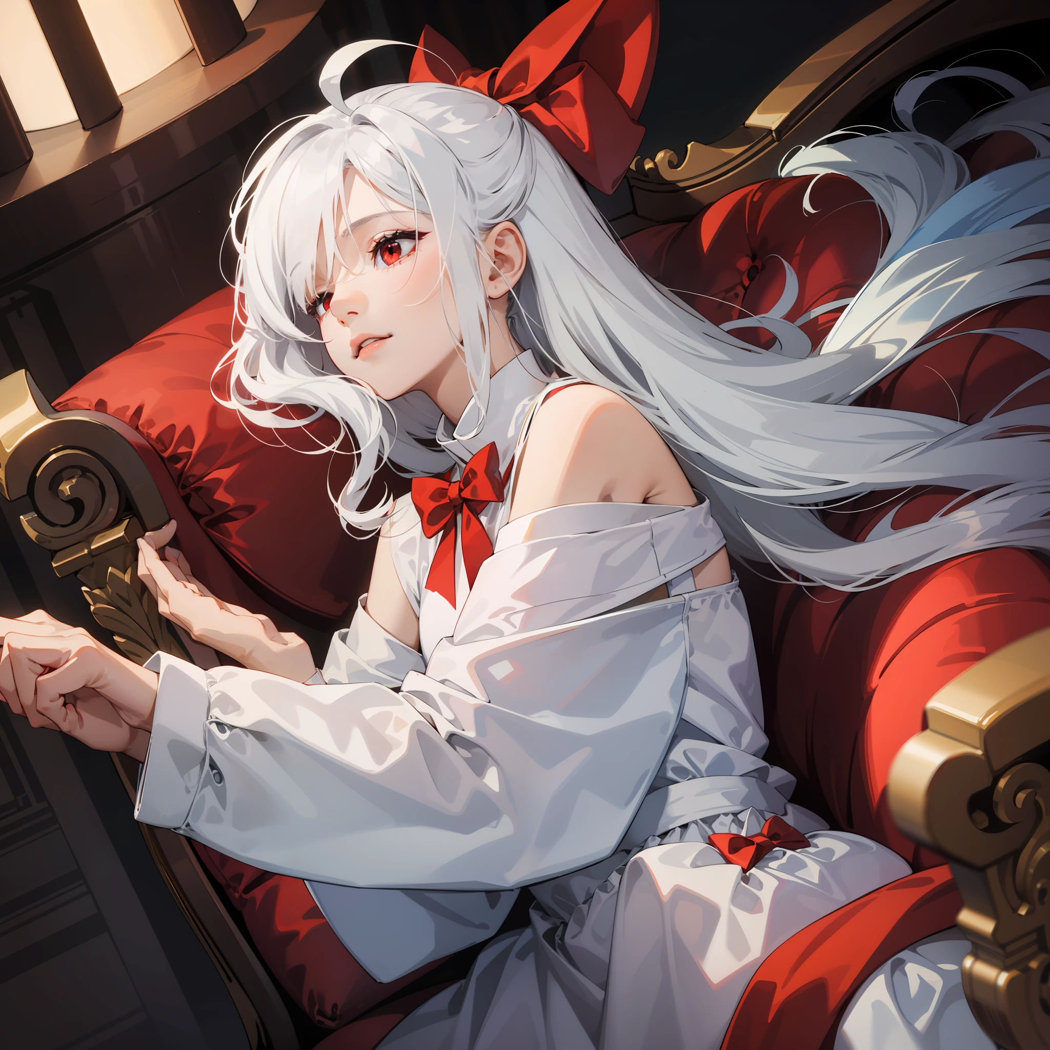 young girl with white hair covering one eye with red eyes wearing a white dress with a big red bow in her hair loves to sleep