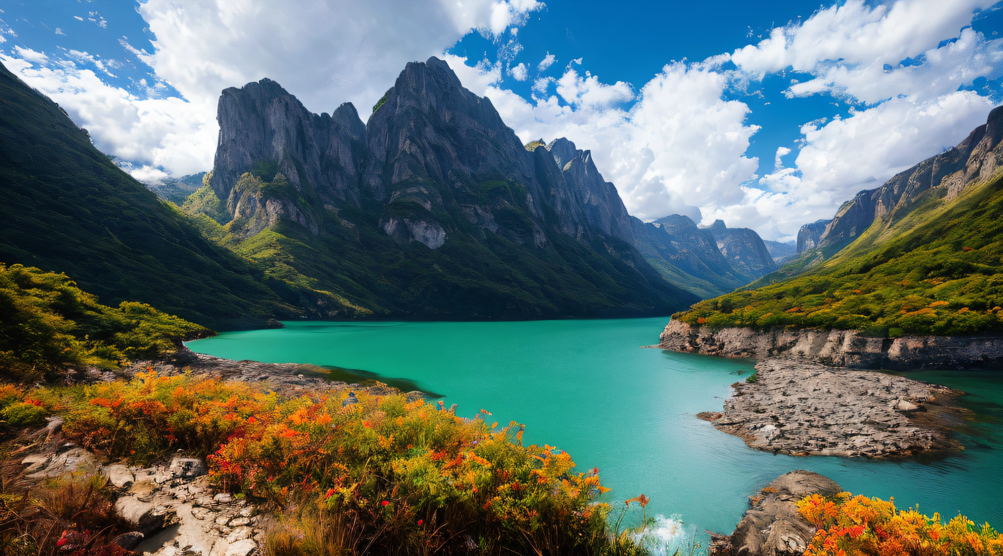Masterpiece, ultimate quality, Cg unity 8k wallpaper, super delicate, beautiful sky and clouds, rich natural scenery, cliffs, lakes and rivers, waterfalls and flying water, beautiful green mountains, no trace of people, excellent scenery, has already won a photo contest, background Blurring, full depth of field, HDR high dynamics, true restoration, intricate, extreme details, dramatic presentation, perfectly presenting the style of midjourney art.