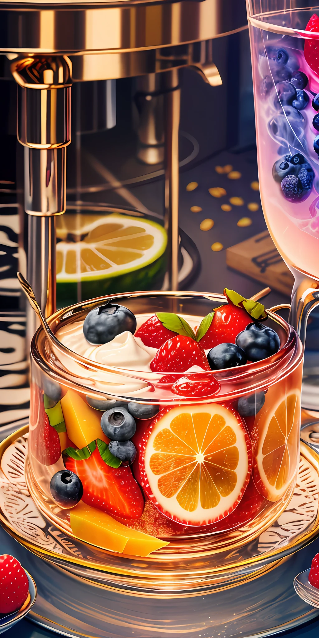 Healthy breakfast. Muesli and berry yogurt, CocktailWorld, scenery, landscape, Street, Depth of field , ((blurred background)), Masterpiece, Best Quality, ultra detail, (((Multi-layered jelly))) glass, stained glass windows, Multi-colored highlights, tmasterpiece, Top Quality, Experience, Chic, Boho-chic, a gold, utensil, kettle, a cup, plate, crystals, with floral print,1 glass of milk (can be cow's milk, vegetable milk or yogurt) 1 teaspoon vanilla extract of your choice (optional) Chopped fresh fruits (For example, strawberries, kiwi, mango, blackberry, raspberry, cherry, carom, blueberries, etc.) Marengo,