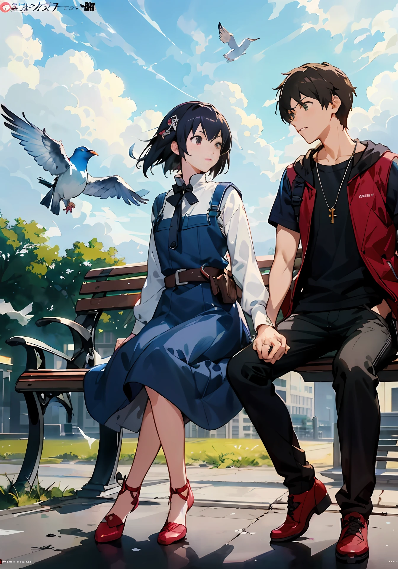 Anime couple sitting on bench，Birds fly overhead, style of anime4 K, Guweiz e Makoto Shinkai, visual novel key visual, 4k manga wallpapers, Anime art wallpaper 8 K, Makoto Shinkai and Artgerm, 4K anime wallpaper, Anime wallpaper 4 k, Anime wallpaper 4K, Anime style. 8K